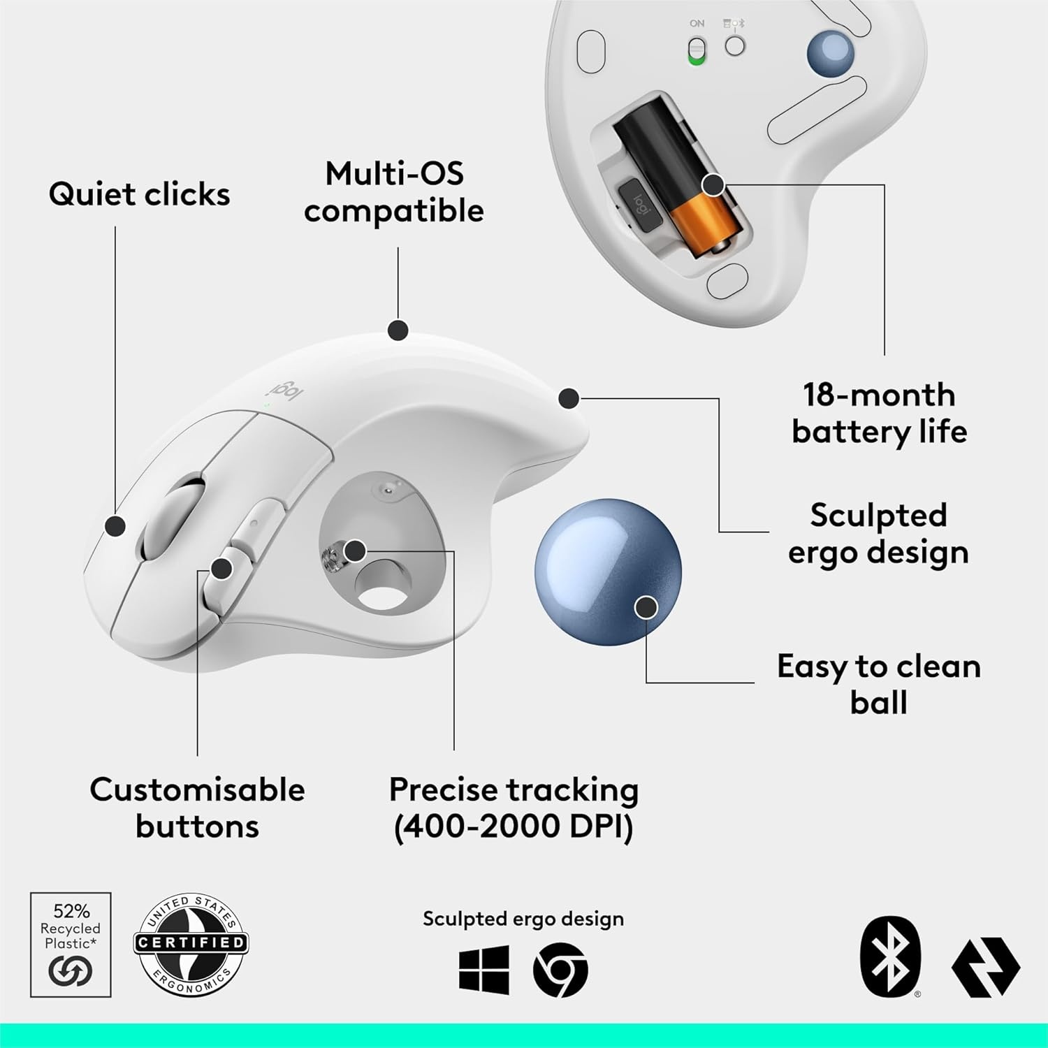 image:imageLogitech Ergo M575S Wireless Trackball Mouse Wireless Ergonomic Mouse with Bluetooth and Encrypted Dongle Comfortable Thumb Control Precise and Smooth Tracking for PCMac Black Silver BallWhite Blue Ball