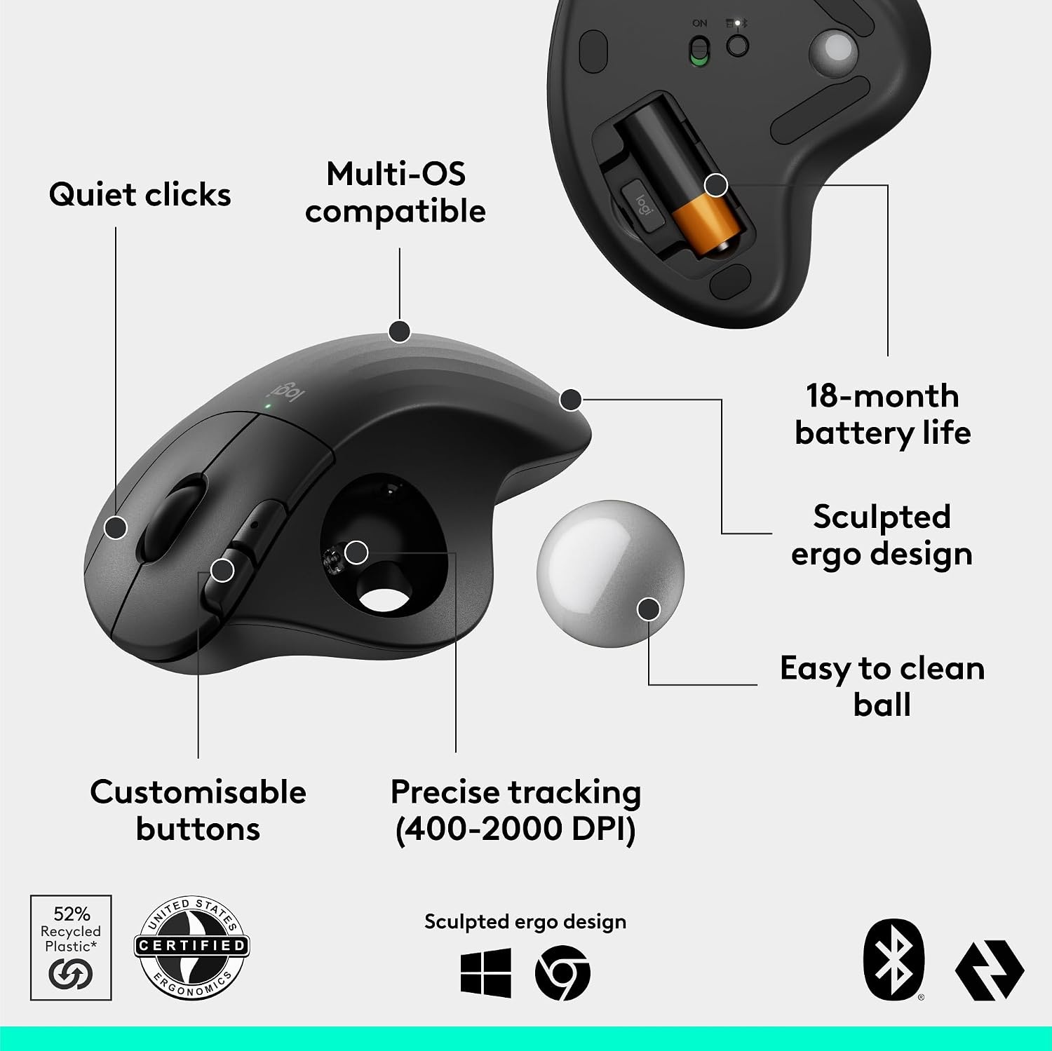 image:imageLogitech Ergo M575S Wireless Trackball Mouse Wireless Ergonomic Mouse with Bluetooth and Encrypted Dongle Comfortable Thumb Control Precise and Smooth Tracking for PCMac Black Silver BallBlack Silver Ball