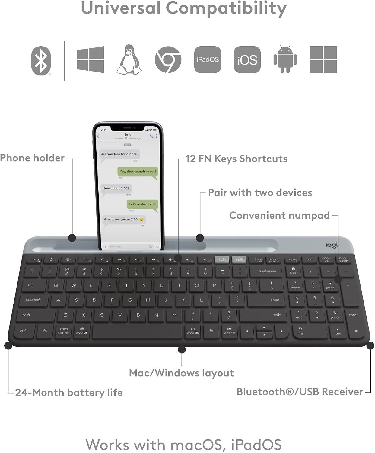 image:imageLogitech K585 MultiDevice Slim Wireless Keyboard Builtin Cradle for Device for Laptop Tablet Desktop Smartphone WinMac BluetoothReceiver Compact Easy Switch 24 Month Battery RoseGraphite