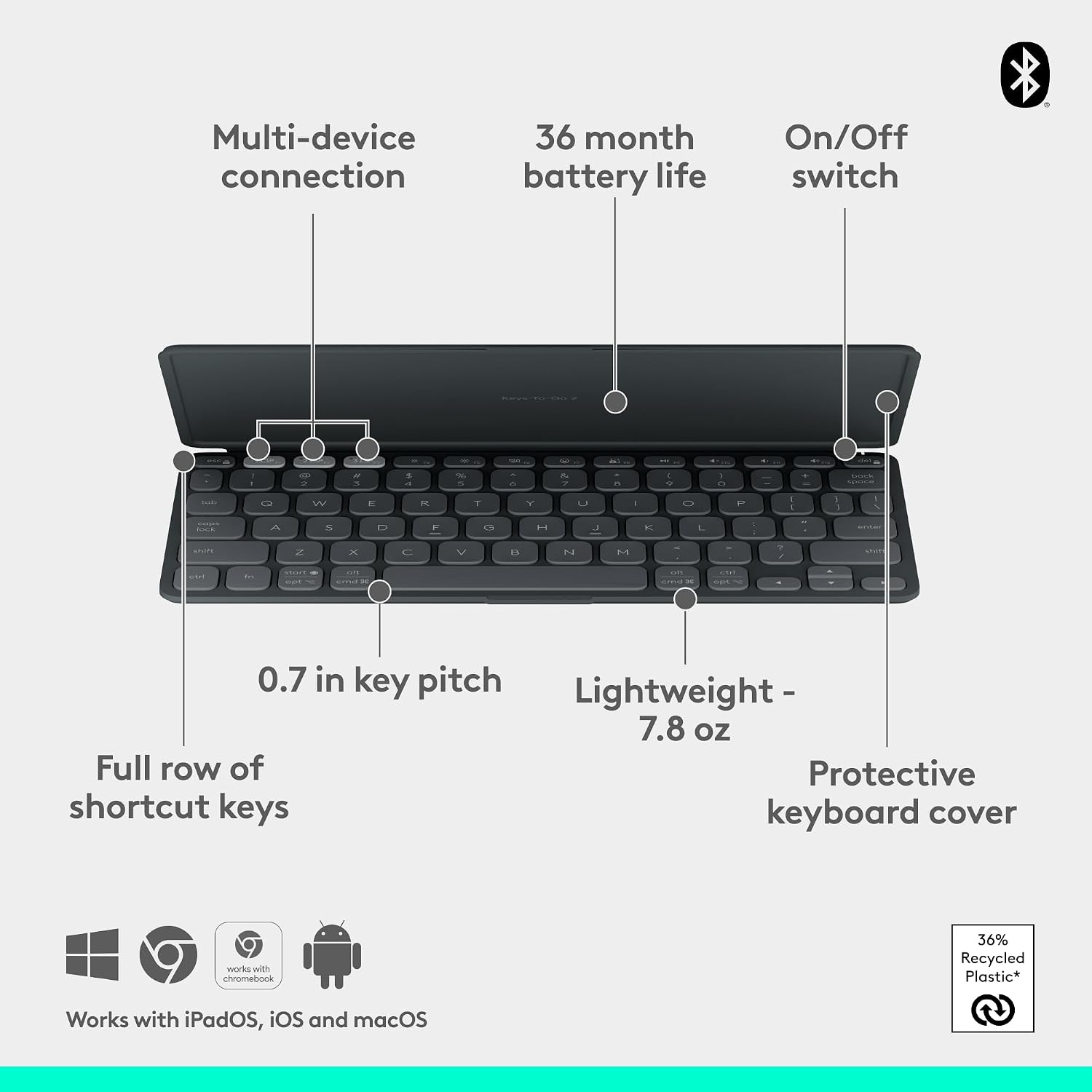 image:imageLogitech KeystoGo 2 Portable Bluetooth Keyboard for Tablet with Builtin Cover Slim and Compact Wireless Keyboard for Windows Android Linux iPad iPhone Mac Apple TV Pale GreyGraphite