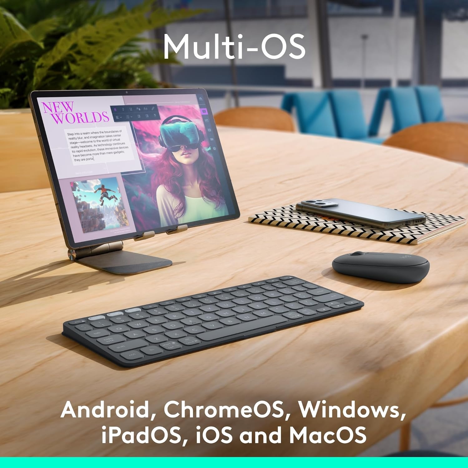image:imageLogitech KeystoGo 2 Portable Bluetooth Keyboard for Tablet with Builtin Cover Slim and Compact Wireless Keyboard for Windows Android Linux iPad iPhone Mac Apple TV Pale GreyGraphite