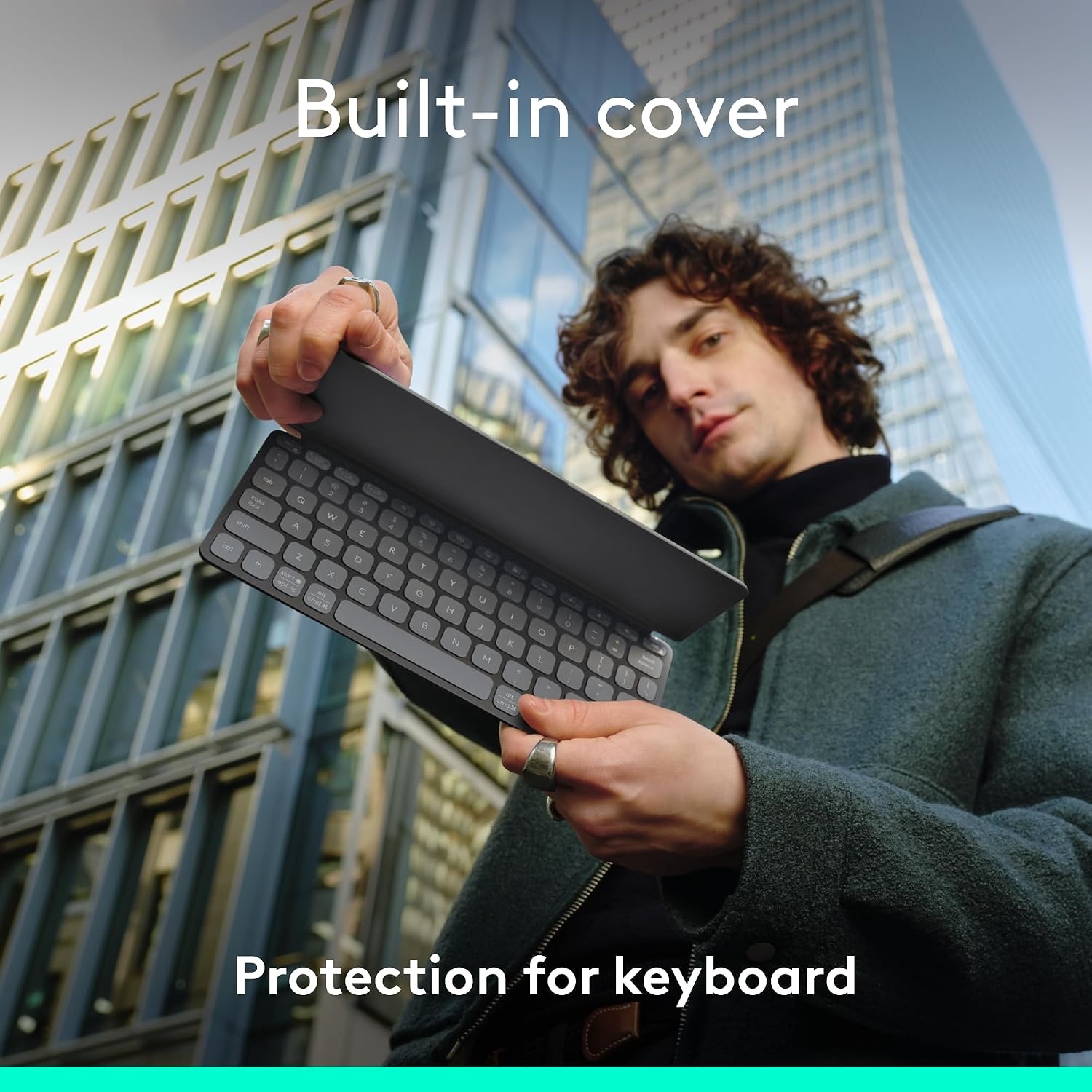 image:imageLogitech KeystoGo 2 Portable Bluetooth Keyboard for Tablet with Builtin Cover Slim and Compact Wireless Keyboard for Windows Android Linux iPad iPhone Mac Apple TV Pale GreyGraphite