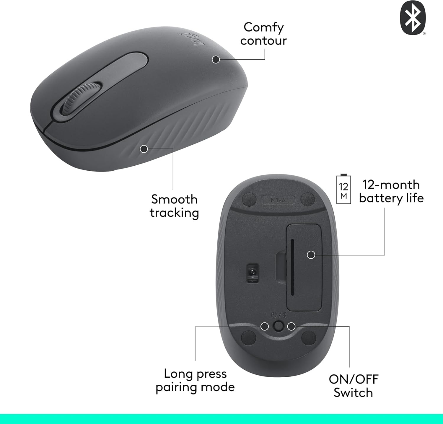 image:imageLogitech M196 Bluetooth Wireless Mouse Compact and Portable Mouse for Laptops Tablets and More 12Month Battery Smooth Tracking Compatible with PC and Mac Windows and macOS Off WhiteGraphite