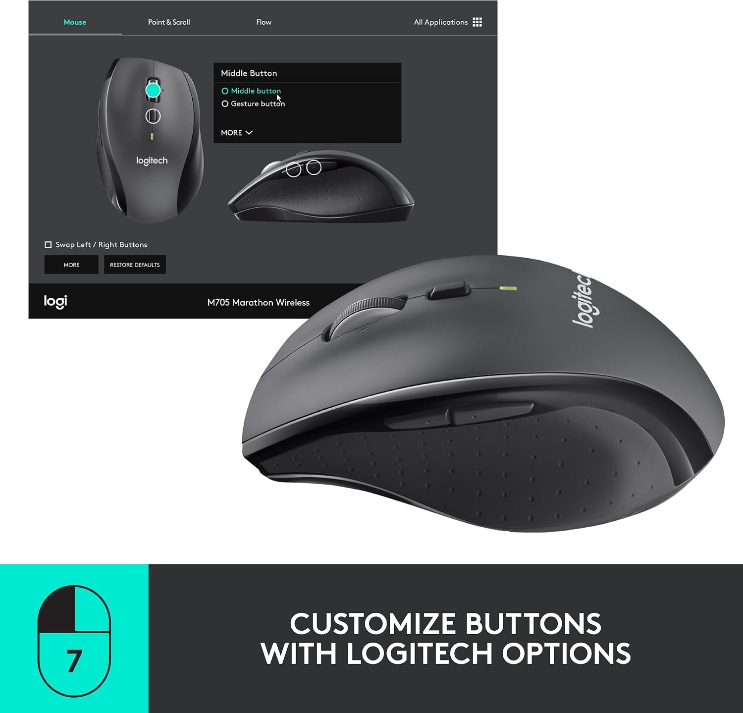 image:imageLogitech M720 Triathlon MultiDevice Wireless Mouse Bluetooth USB Unifying Receiver 1000 DPI 6 Programmable Buttons 2Year Battery Compatible with Laptop PC Mac iPadOS BlackM705