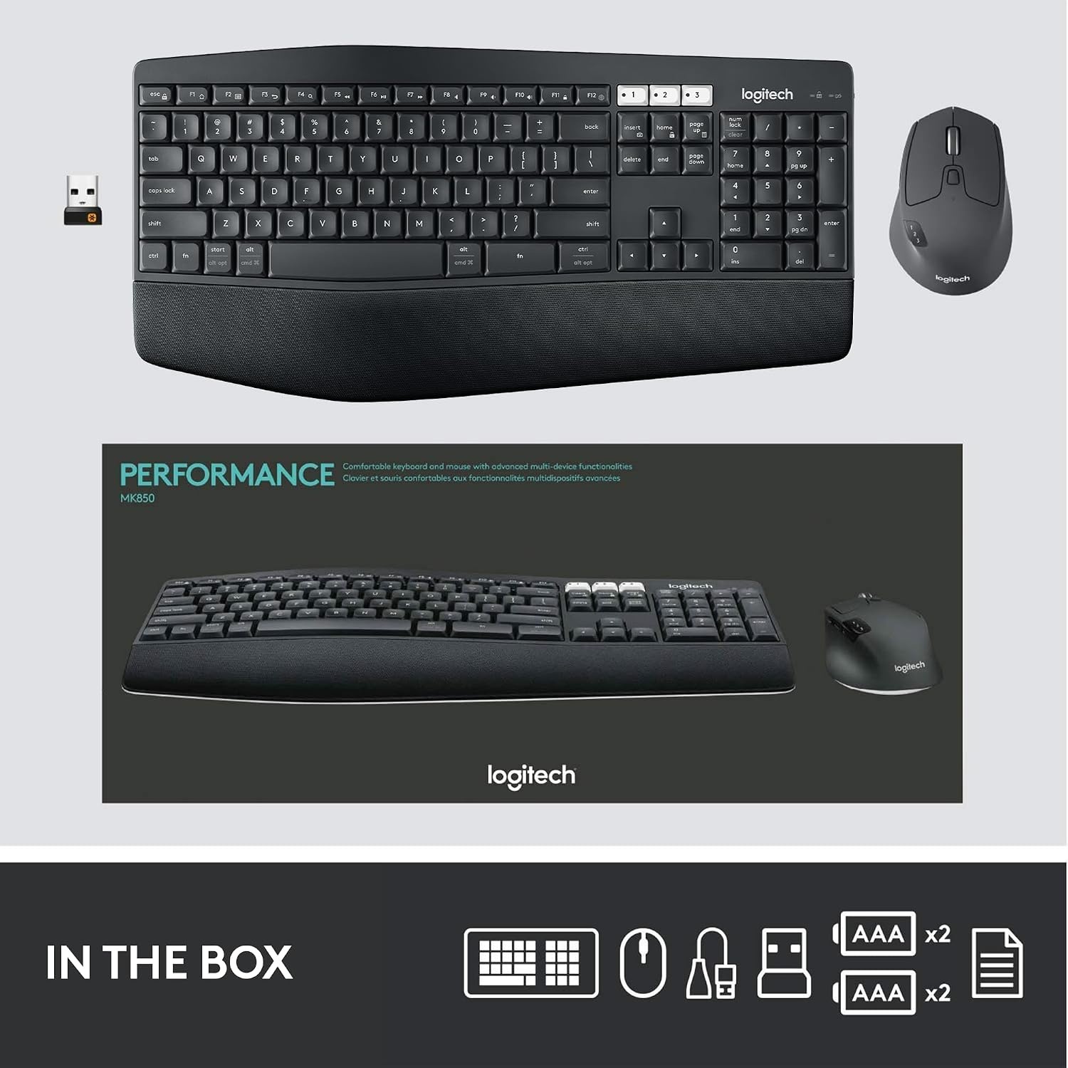 image:imageLogitech MK850 Performance Wireless Keyboard and Mouse Combo for Windows macOS amp ChromeOS Bluetooth amp 24 GHz USB Receiver FullSize Ergonomic Keyboard MultiDevice Cushioned Palm Rest GraphiteOne Size