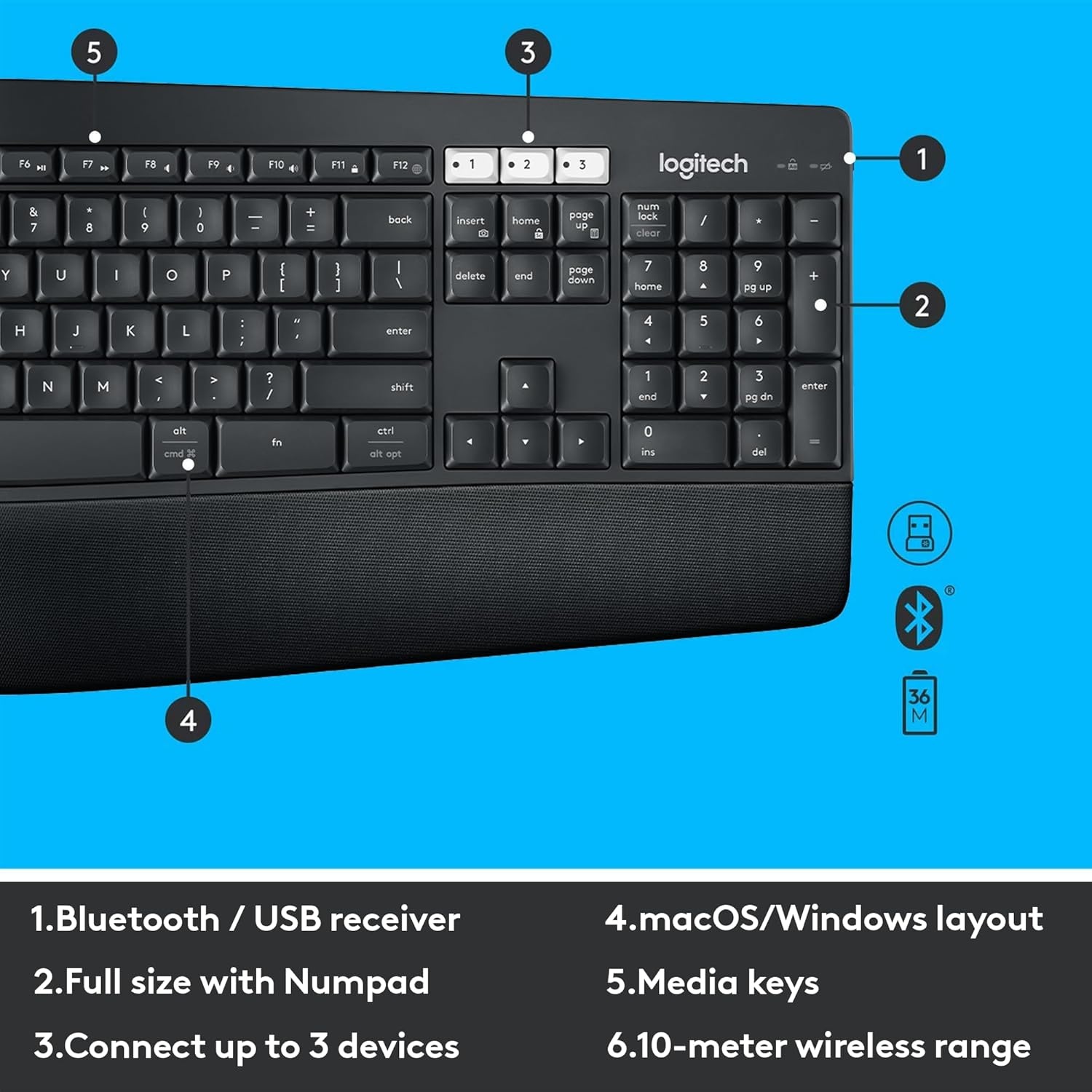 image:imageLogitech MK850 Performance Wireless Keyboard and Mouse Combo for Windows macOS amp ChromeOS Bluetooth amp 24 GHz USB Receiver FullSize Ergonomic Keyboard MultiDevice Cushioned Palm Rest GraphiteOne Size Pack of 4