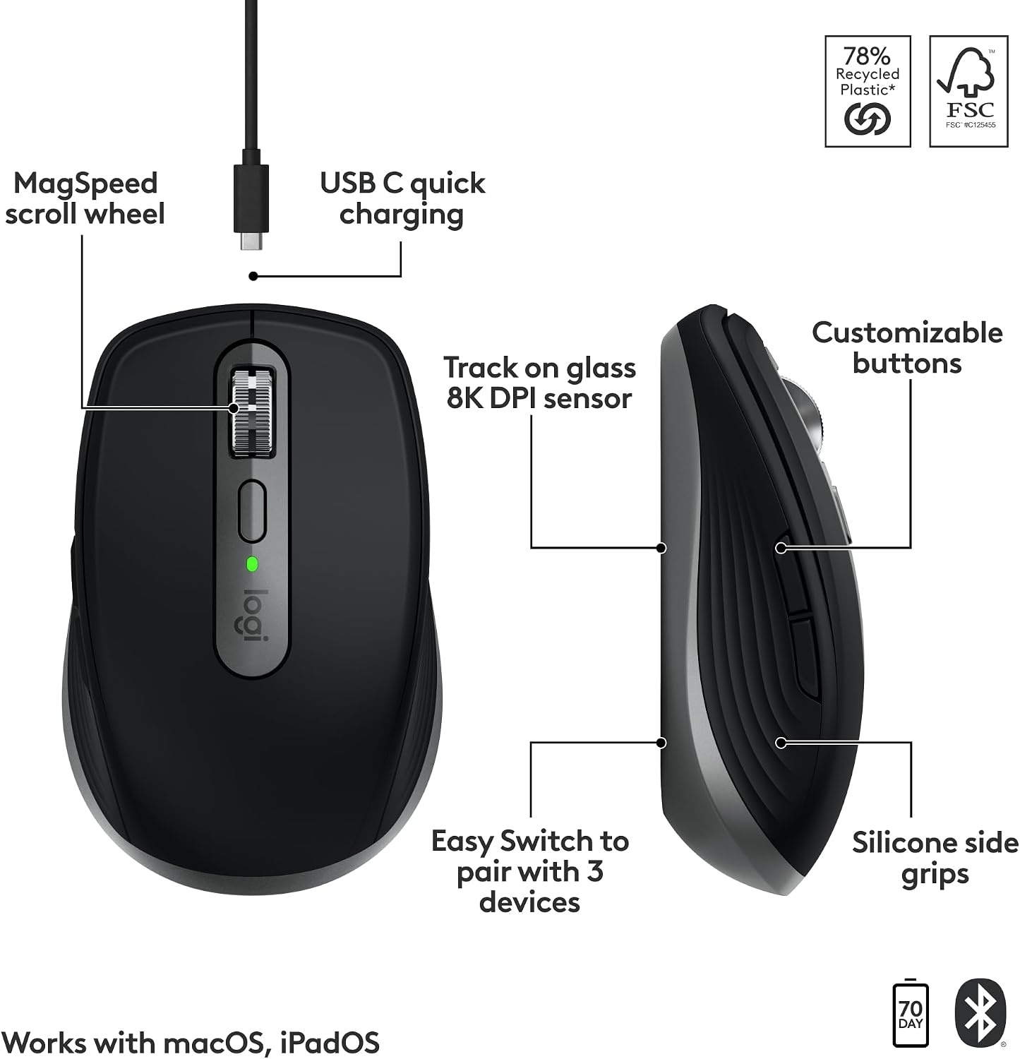 image:imageLogitech MX Anywhere 3S for Mac Compact Wireless Bluetooth Mouse 8K DPI AnySurface Tracking Quiet Clicks USB C Wireless Mouse for MacBook Pro MacBook Air iMac iPad Space GreySpace Grey
