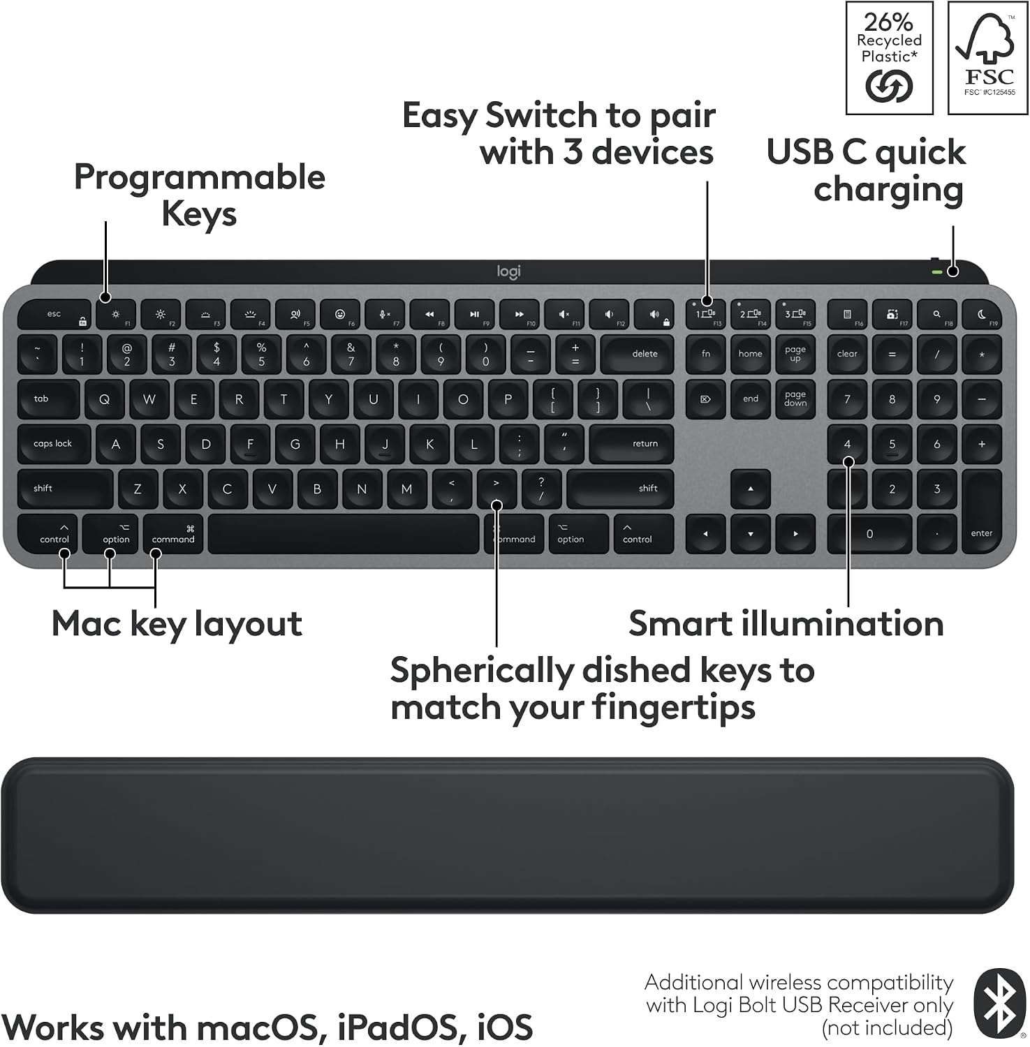 image:imageLogitech MX Keys S for Mac Wireless Keyboard Fluid Precise LaptopLike Typing Programmable Keys Backlit Bluetooth USB C Rechargeable for MacBook Pro MacBook Air iMac iPad Pale GreySpace Grey