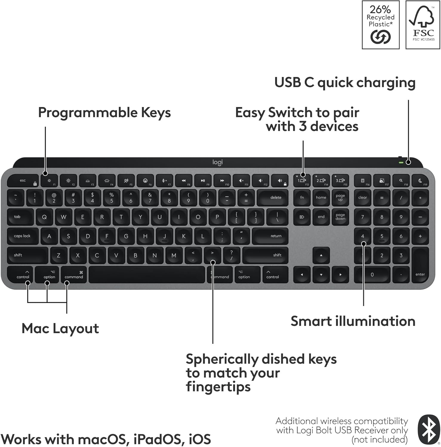 image:imageLogitech MX Keys S for Mac Wireless Keyboard Fluid Precise LaptopLike Typing Programmable Keys Backlit Bluetooth USB C Rechargeable for MacBook Pro MacBook Air iMac iPad Pale GreySpace Grey
