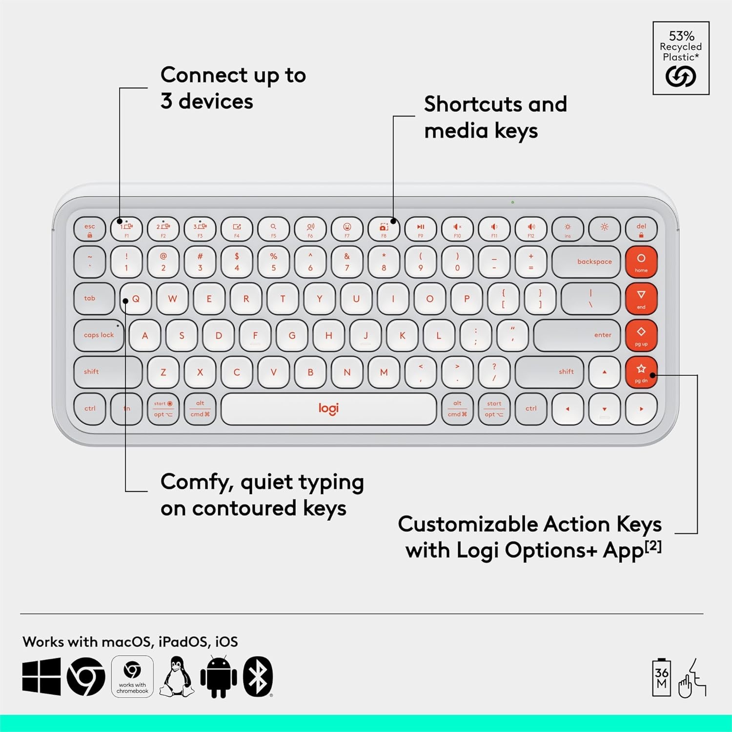 image:imageLogitech POP ICON Combo Wireless Bluetooth Keyboard and Mouse Comfortable Typing programmable Keys and Buttons Quiet clicks EasySwitch up to 3 Devices LilacWhite Orange