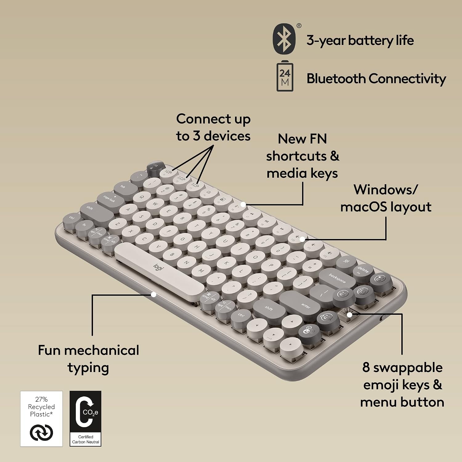 image:imageLogitech POP Keys Mechanical Wireless Keyboard with Customizable Emoji Keys Durable Compact Design Bluetooth or USB Connectivity MultiDevice OS Compatible Heartbreaker RoseMist