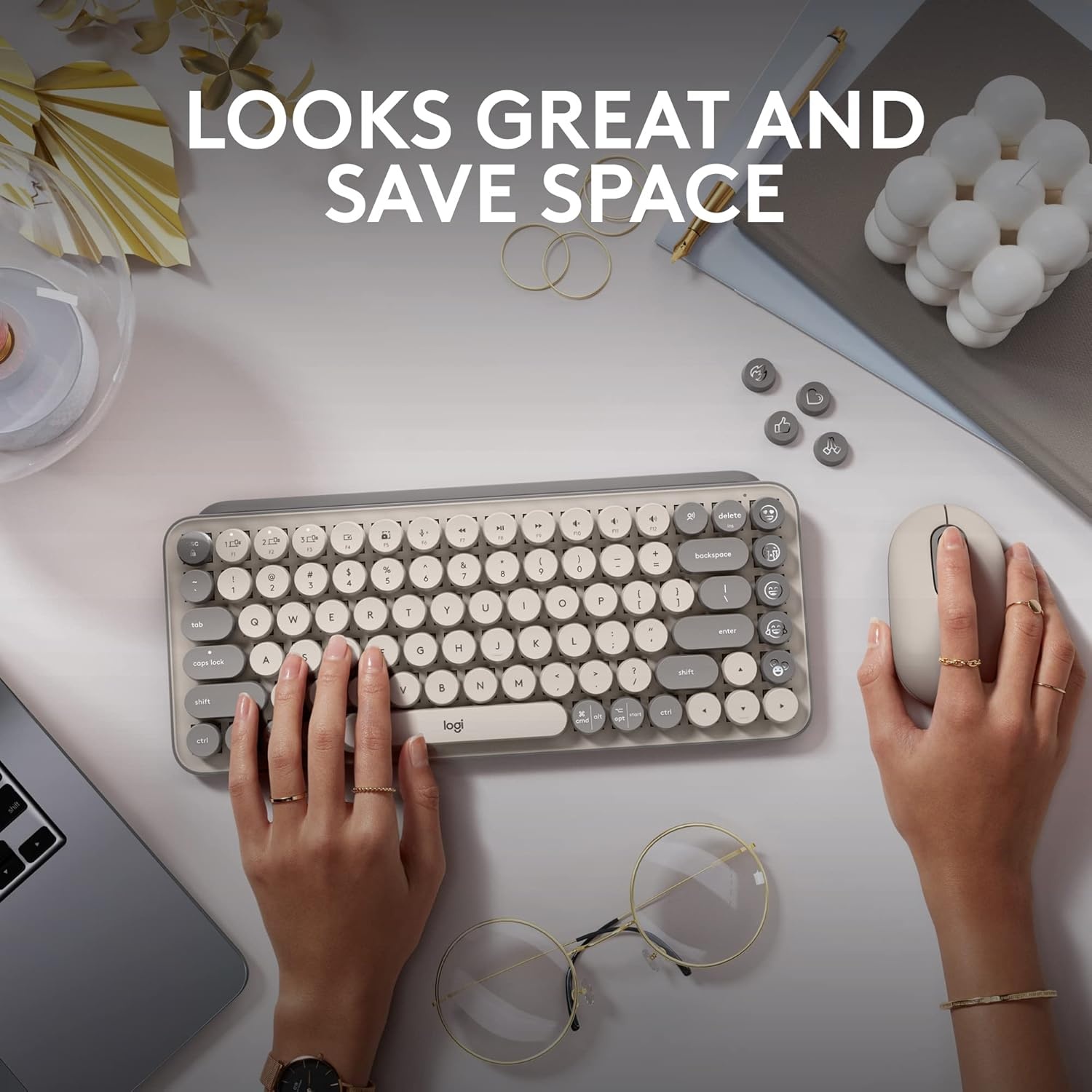 image:imageLogitech POP Keys Mechanical Wireless Keyboard with Customizable Emoji Keys Durable Compact Design Bluetooth or USB Connectivity MultiDevice OS Compatible Heartbreaker RoseMist