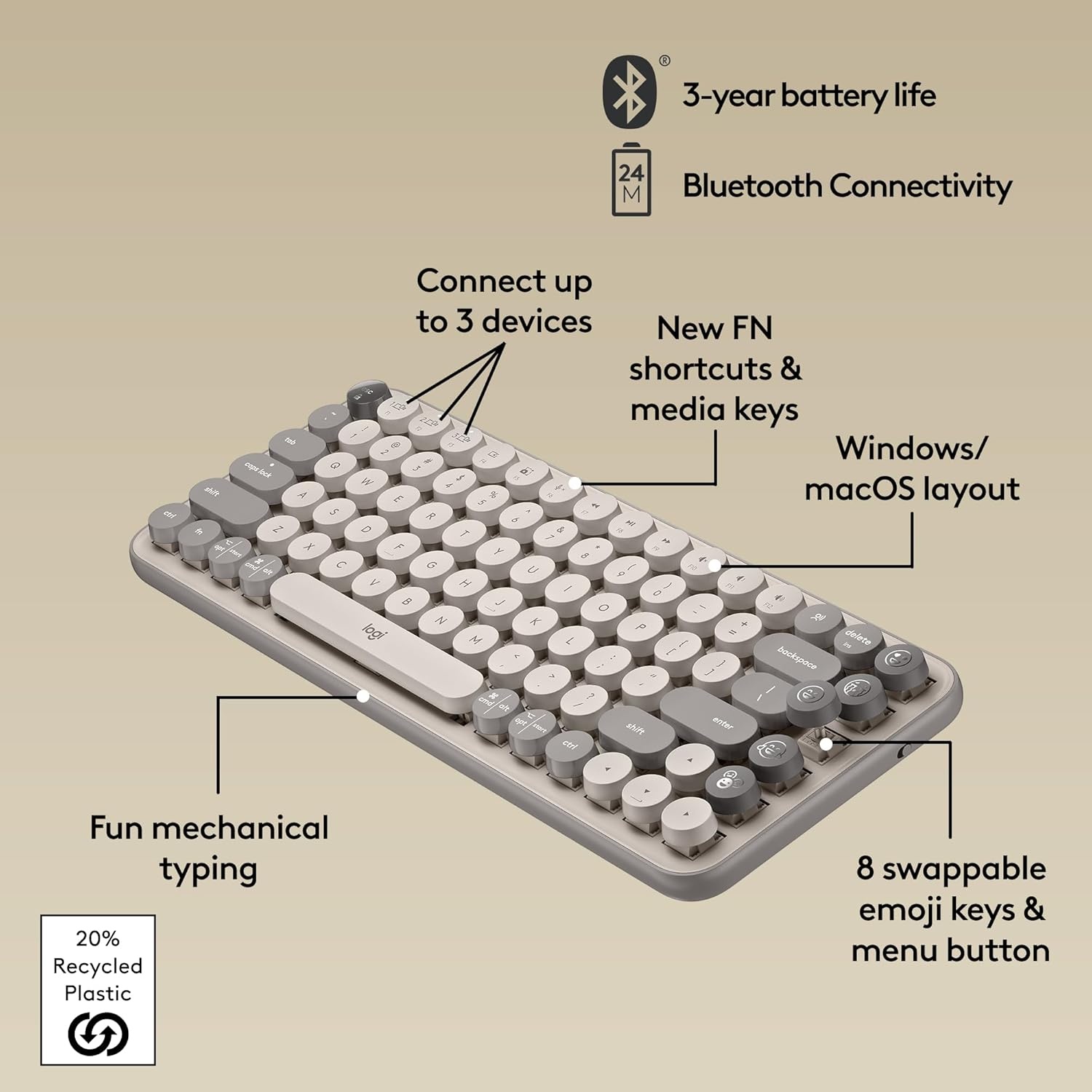 image:imageLogitech POP Keys Mechanical Wireless Keyboard with Customizable Emoji Keys Durable Compact Design Bluetooth or USB Connectivity MultiDevice OS Compatible Heartbreaker RoseMist
