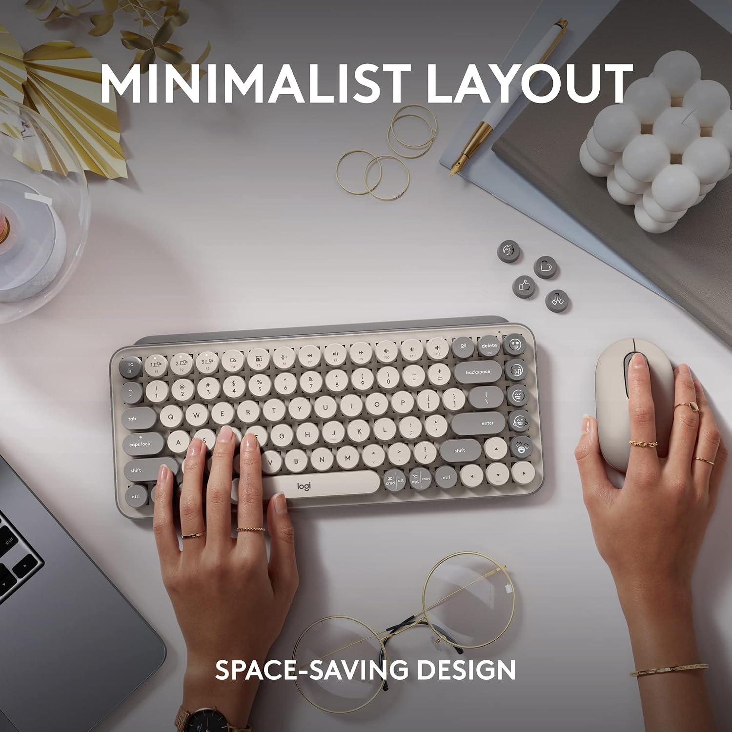 image:imageLogitech POP Keys Mechanical Wireless Keyboard with Customizable Emoji Keys Durable Compact Design Bluetooth or USB Connectivity MultiDevice OS Compatible Heartbreaker RoseMist