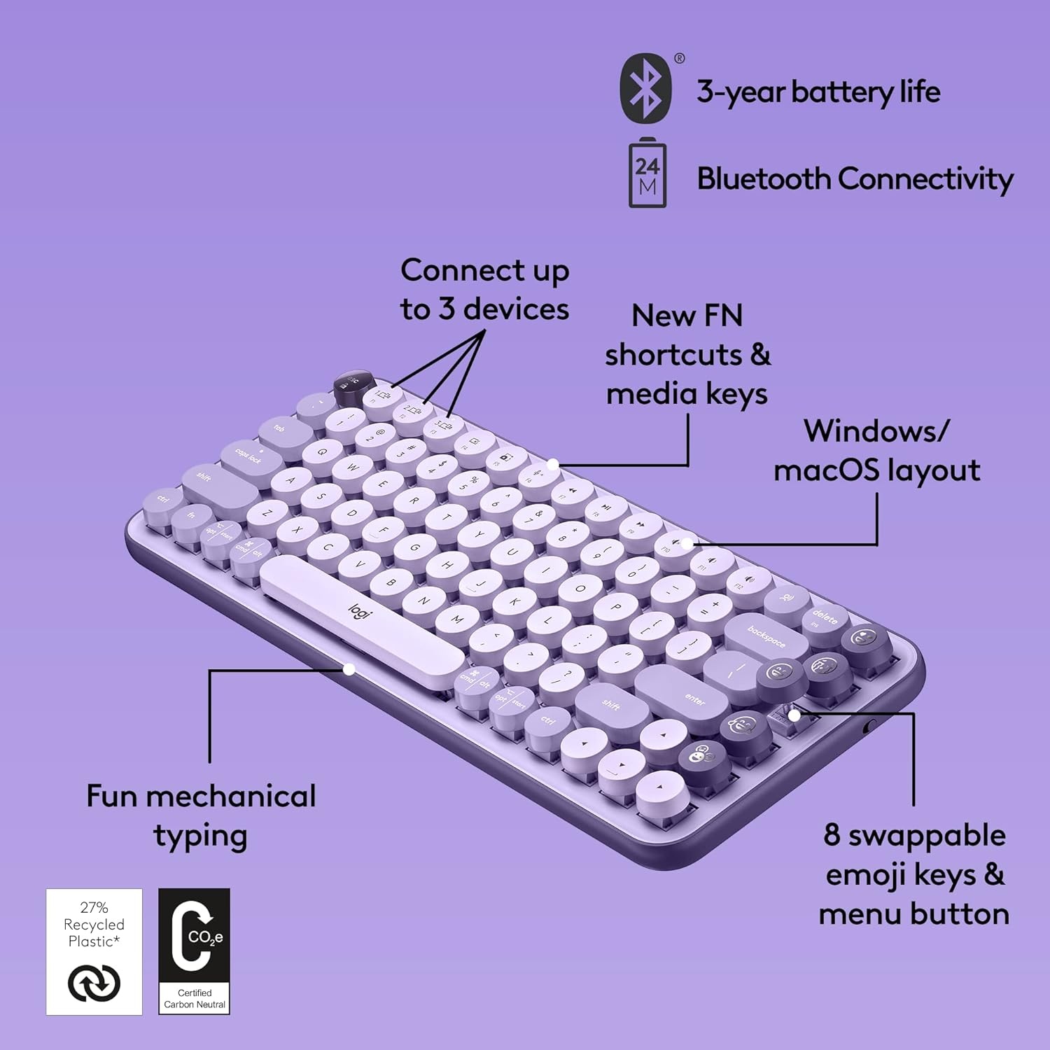 image:imageLogitech POP Keys Mechanical Wireless Keyboard with Customizable Emoji Keys Durable Compact Design Bluetooth or USB Connectivity MultiDevice OS Compatible Heartbreaker RoseCosmos