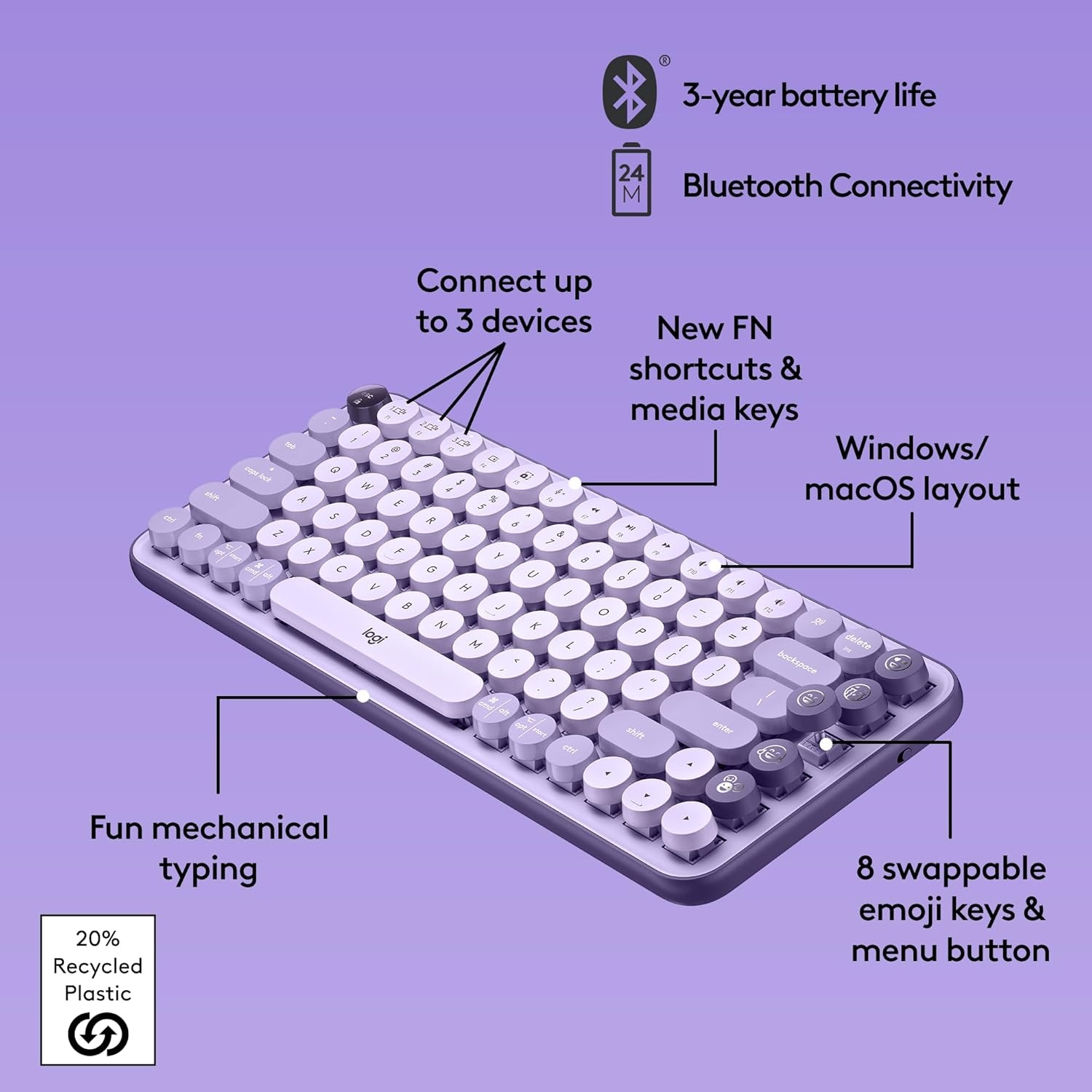 image:imageLogitech POP Keys Mechanical Wireless Keyboard with Customizable Emoji Keys Durable Compact Design Bluetooth or USB Connectivity MultiDevice OS Compatible Heartbreaker RoseCosmos