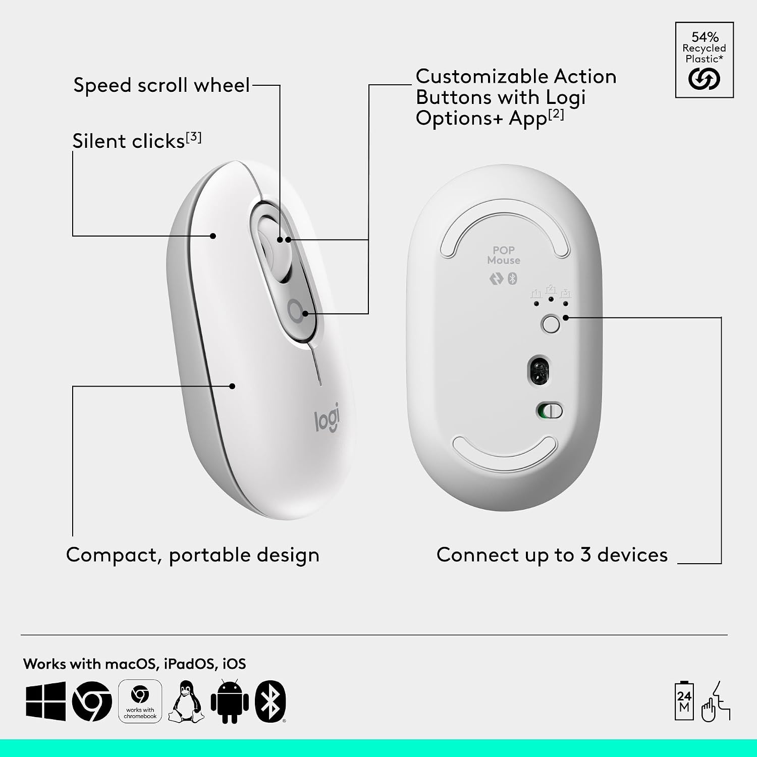 image:imageLogitech POP Mouse Compact and Portable Wireless Bluetooth Mouse with Programmable Buttons and Quiet Clicks EasySwitch Between up to 3 Devices Laptop Tablet PC OffWhiteOff White