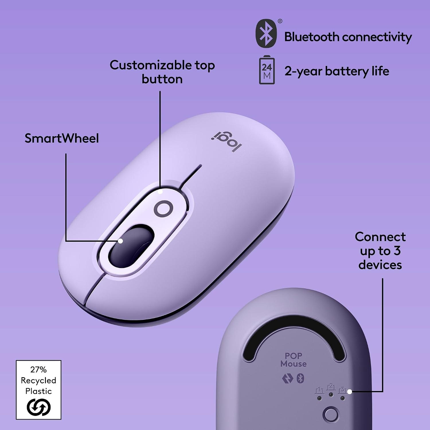 image:imageLogitech POP Mouse Compact and Portable Wireless Bluetooth Mouse with Programmable Buttons and Quiet Clicks EasySwitch Between up to 3 Devices Laptop Tablet PC OffWhiteCosmos