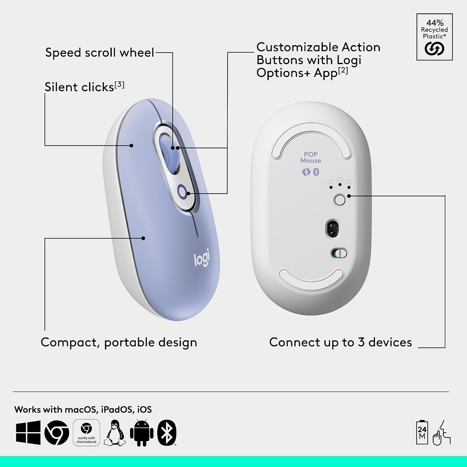 image:imageLogitech POP Mouse Compact and Portable Wireless Bluetooth Mouse with Programmable Buttons and Quiet Clicks EasySwitch Between up to 3 Devices Laptop Tablet PC OffWhiteLilac