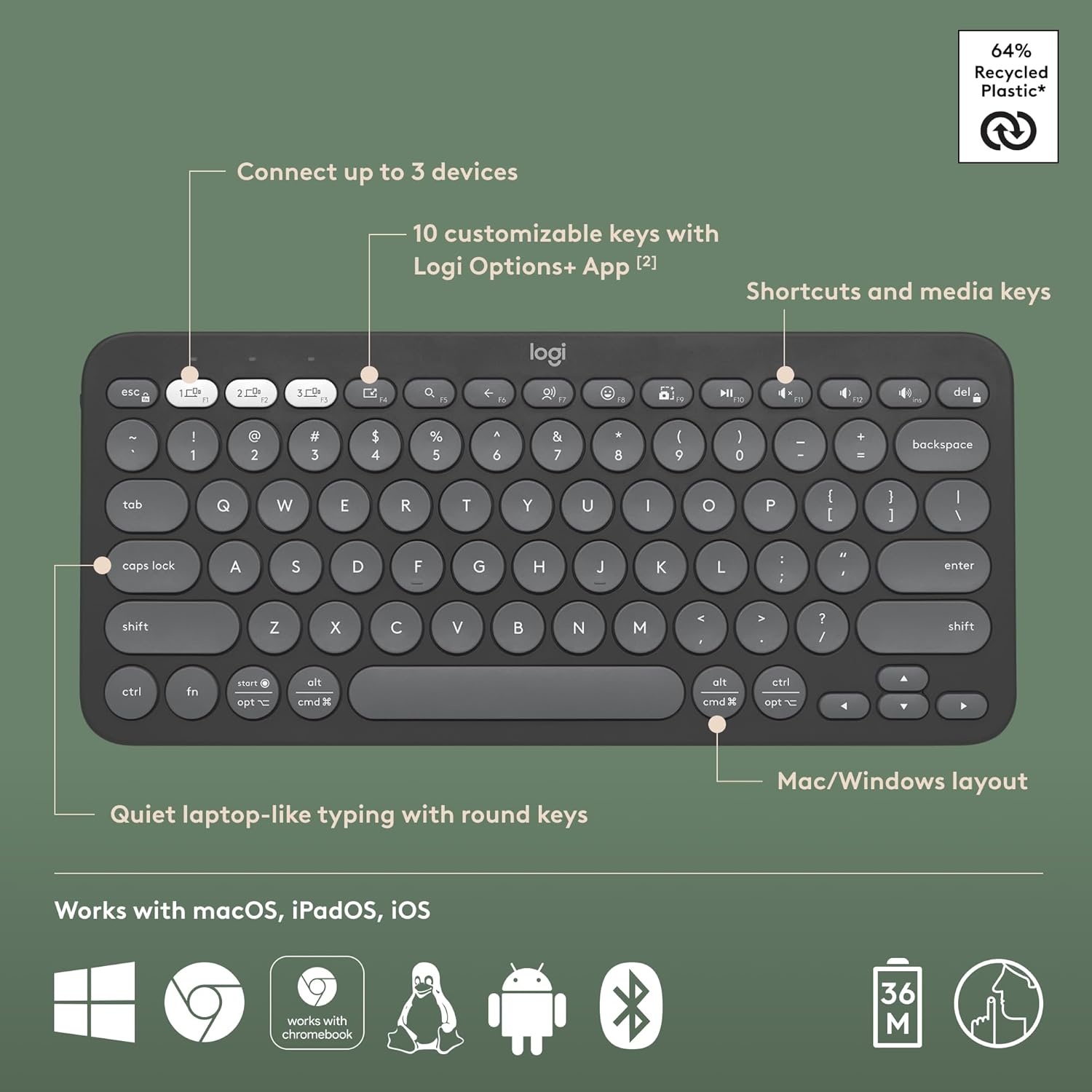 image:imageLogitech Pebble 2 Combo Wireless Keyboard and Mouse Quiet and Portable Customizable Logi Bolt Bluetooth EasySwitch for Windows macOS iPadOS Chrome Tonal RoseGraphite