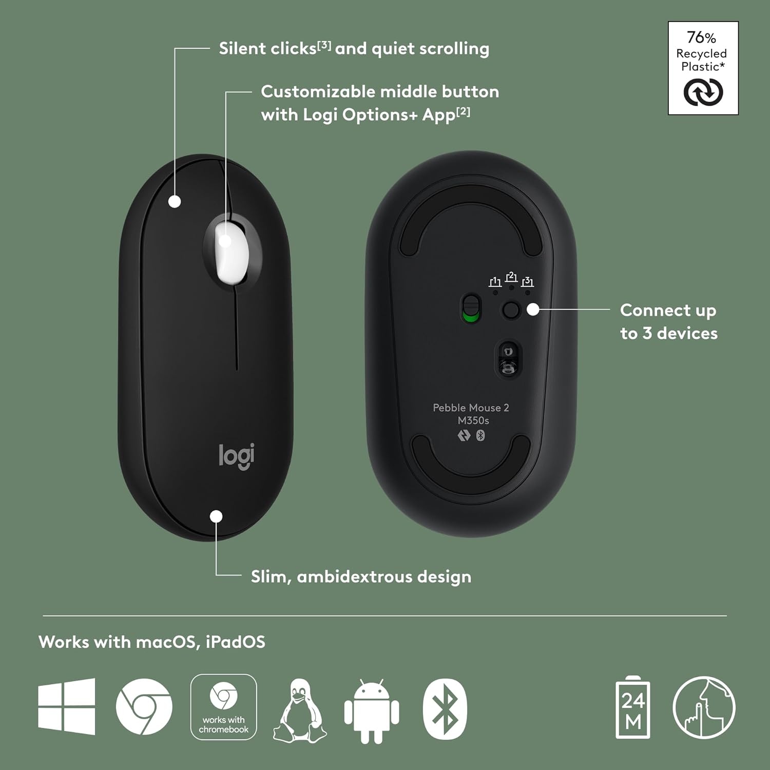 image:imageLogitech Pebble Mouse 2 M350s Slim Bluetooth Wireless Mouse Portable Lightweight Customizable Button Quiet Clicks EasySwitch for Windows macOS iPadOS Android Chrome OS Tonal RoseBlack