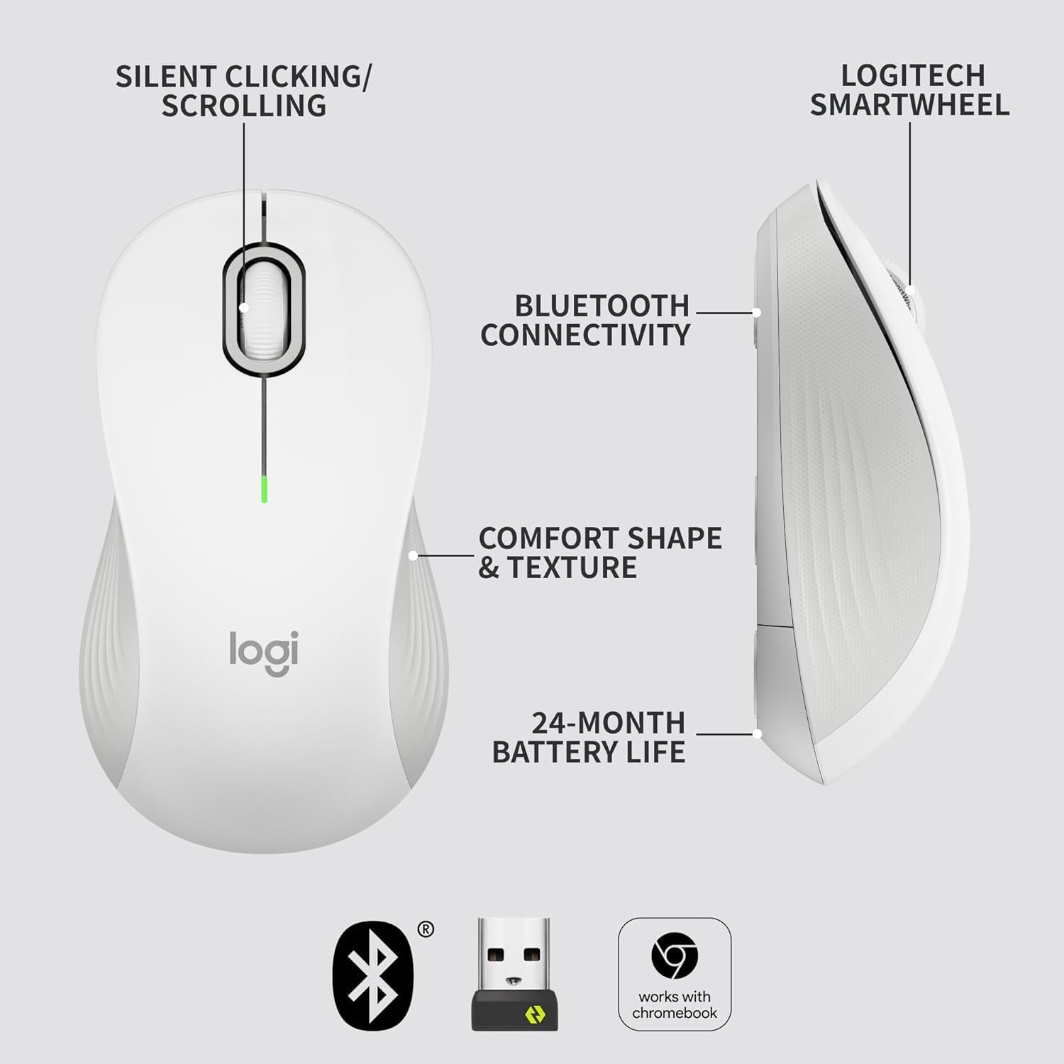 image:imageLogitech Signature M550 L Full Size Wireless Mouse for Large Sized Hands 2Year Battery Silent Clicks Bluetooth MultiDevice Compatibility BlueOff White