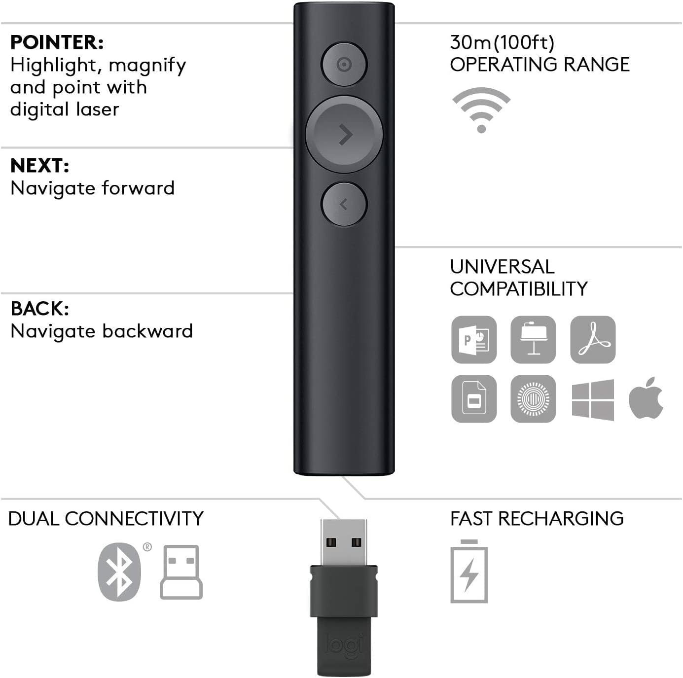 image:imageLogitech Spotlight Presentation Remote Universal Wireless Presentation Clicker with Laser Pointer Advanced Digital Highlighting Bluetooth 30 m Range and Quick Charging BlackSilver