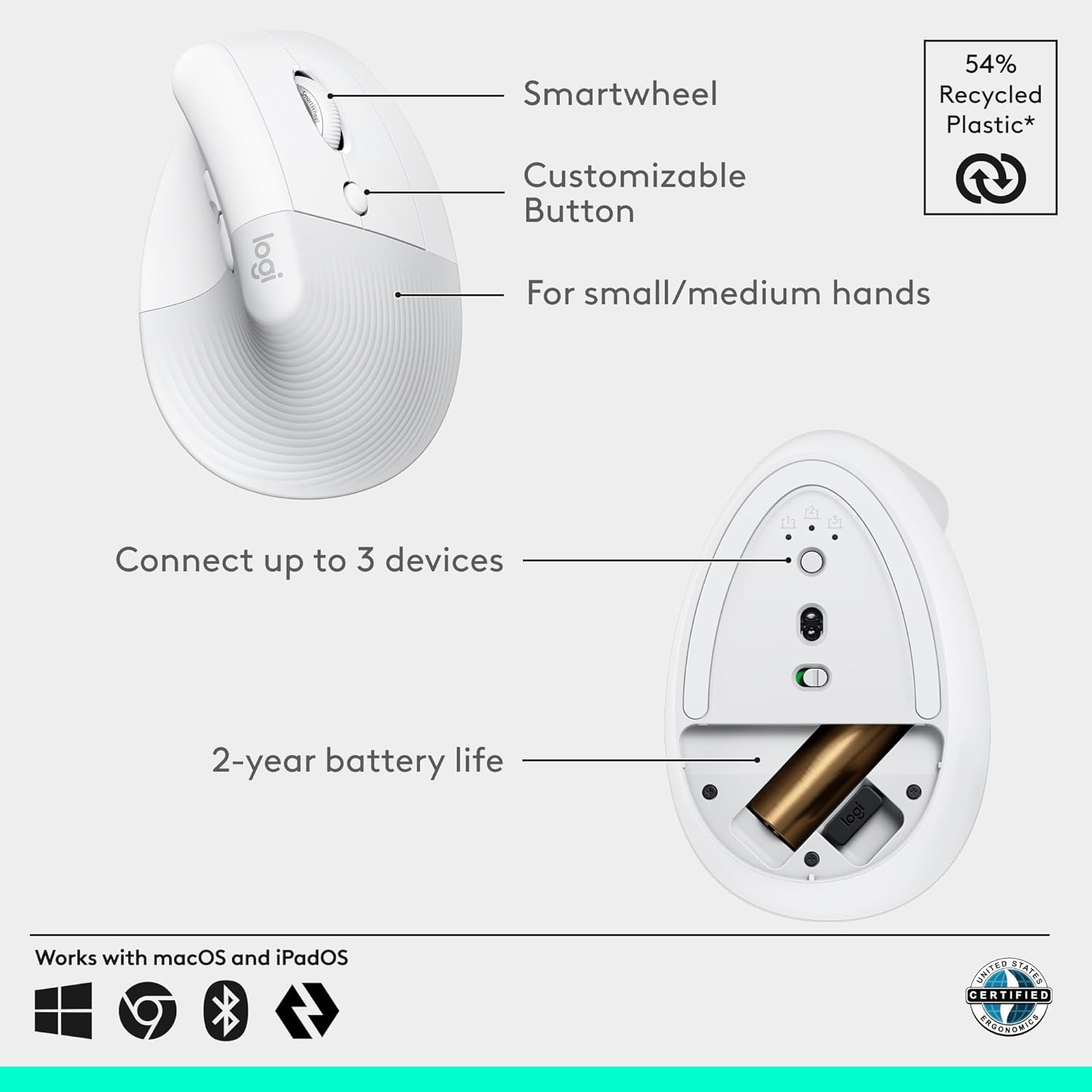 image:imageLogitech Wave Keys amp Lift Vertical Mouse Ergonomic Wireless Keyboard and Mouse Combo with Cushioned Palm Rest EasySwitch Bluetooth for MultiOS WindowsMac OffWhiteOff White