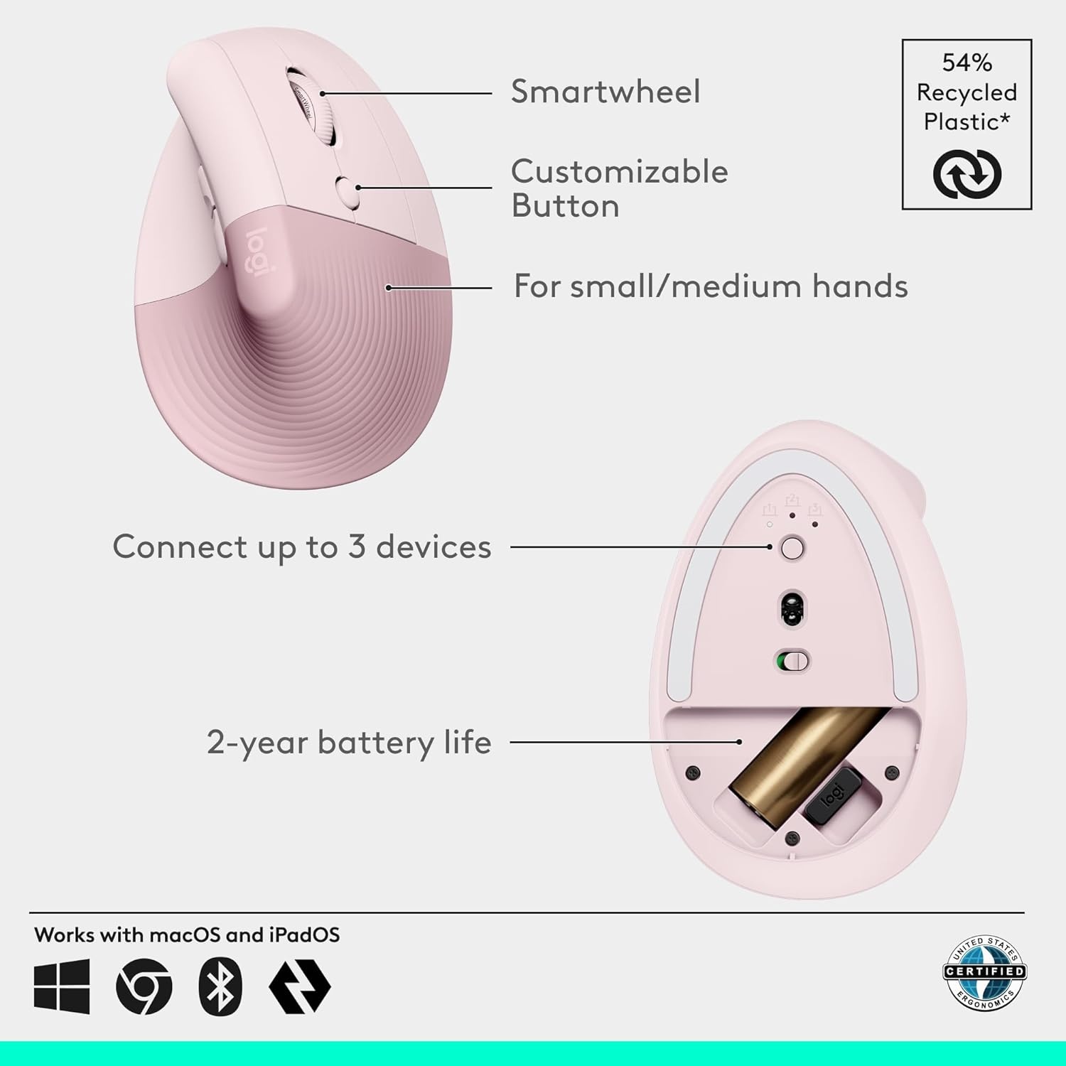 image:imageLogitech Wave Keys amp Lift Vertical Mouse Ergonomic Wireless Keyboard and Mouse Combo with Cushioned Palm Rest EasySwitch Bluetooth for MultiOS WindowsMac OffWhiteRose