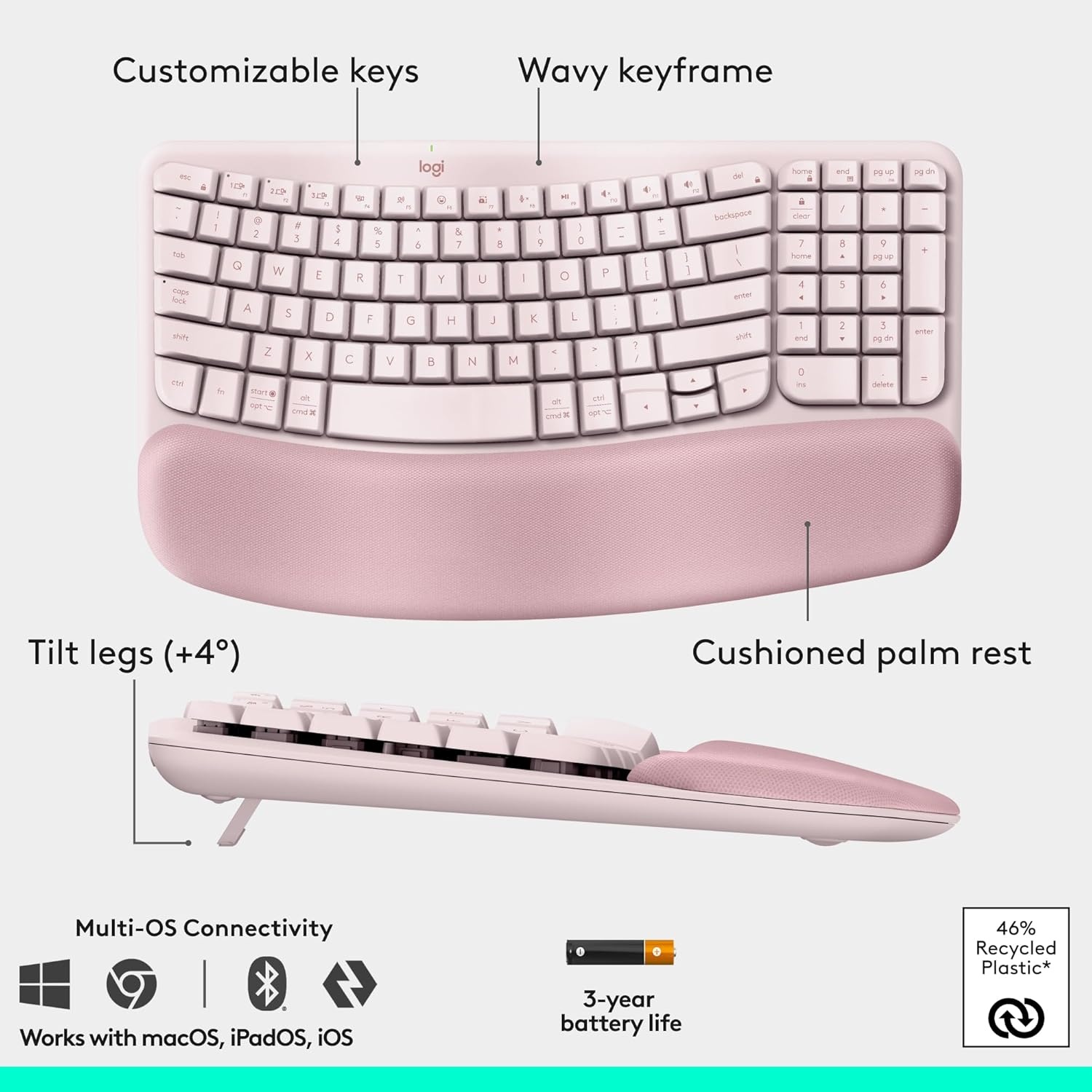 image:imageLogitech Wave Keys amp Lift Vertical Mouse Ergonomic Wireless Keyboard and Mouse Combo with Cushioned Palm Rest EasySwitch Bluetooth for MultiOS WindowsMac OffWhiteRose
