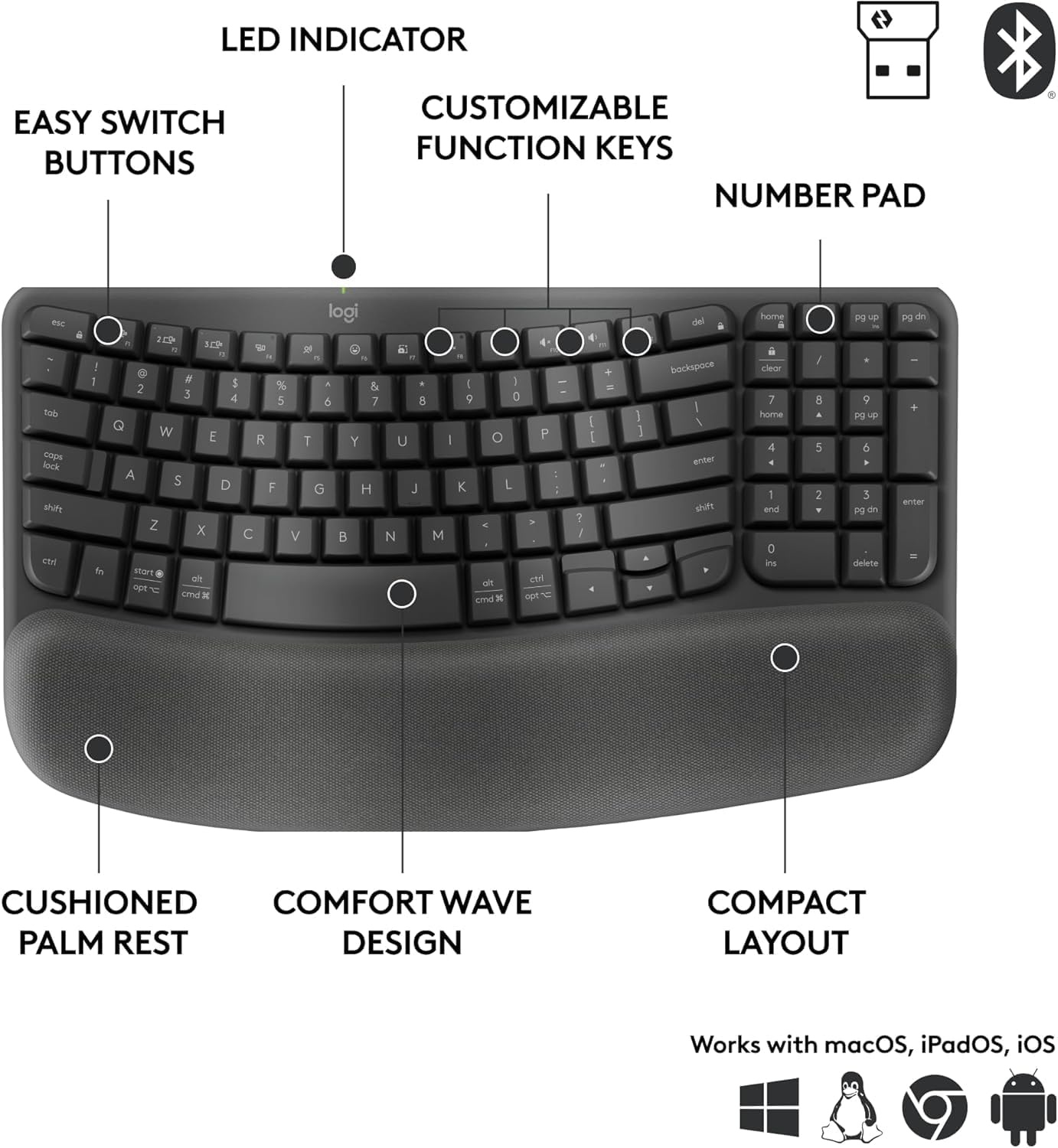 image:imageLogitech Wave Keys for Business Wireless Ergonomic Keyboard with Cushioned Palm Rest Secure Logi Bolt Technology Bluetooth Compatible with WindowsMacChromeLinux Graphite Renewed