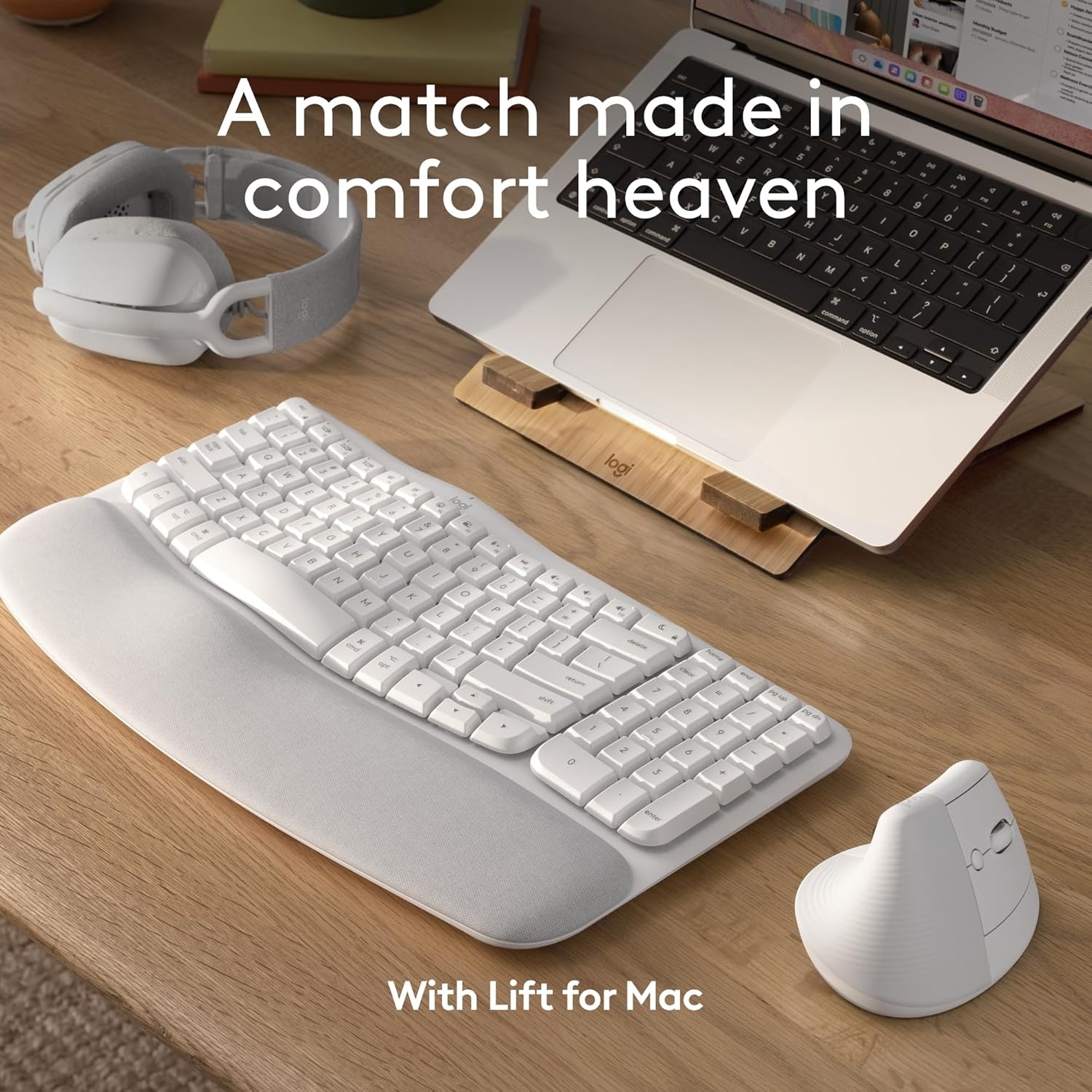 image:imageLogitech Wave Keys for Mac Wireless Ergonomic Keyboard with Cushioned Palm Rest Comfortable Natural Typing Bluetooth Keyboard EasySwitch Optimized for Mac Apple iPad Off WhiteKeyboard