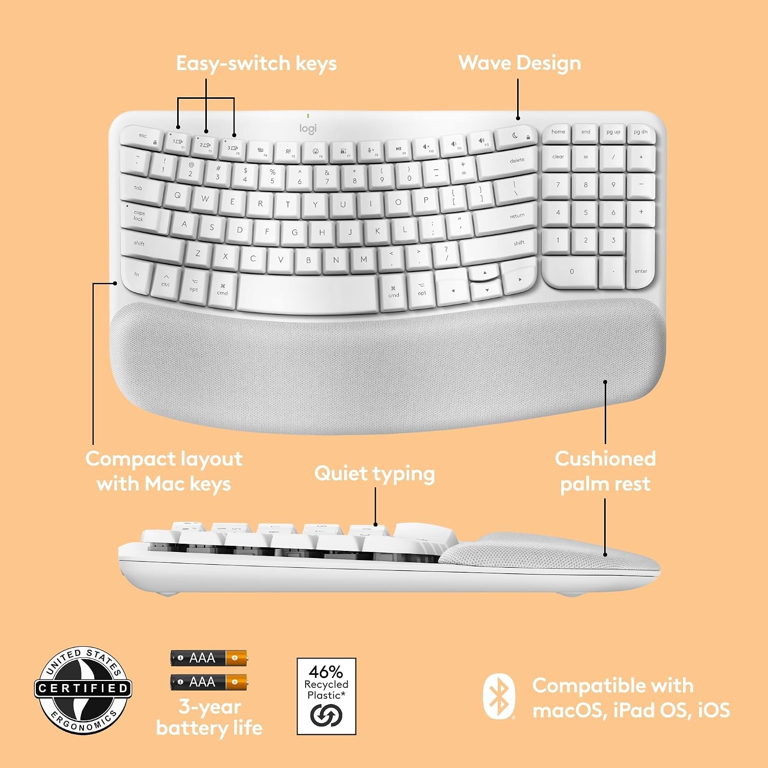 image:imageLogitech Wave Keys for Mac Wireless Ergonomic Keyboard with Cushioned Palm Rest Comfortable Natural Typing Bluetooth Keyboard EasySwitch Optimized for Mac Apple iPad Off WhiteKeyboard