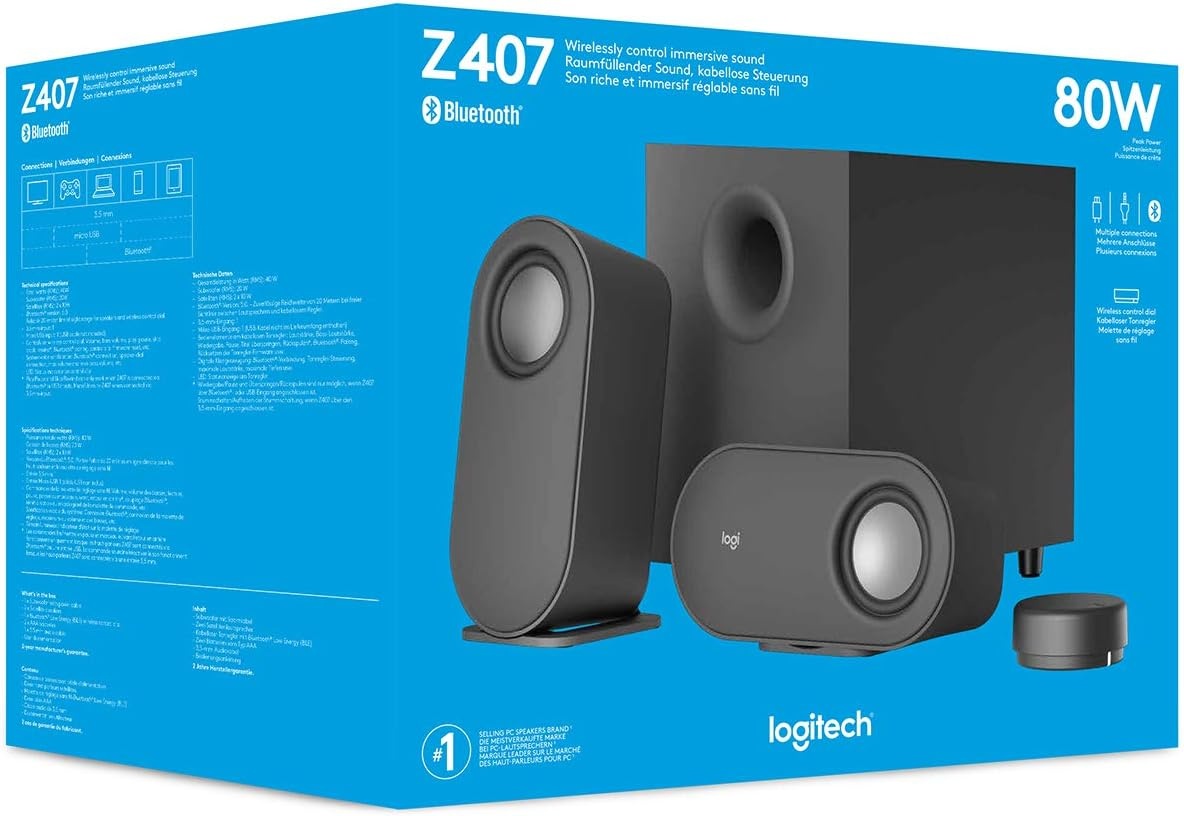 image:imageLogitech Z407 Bluetooth Computer Speakers with Subwoofer and Wireless Control Immersive Sound Premium Audio with Multiple Inputs USB Speakers