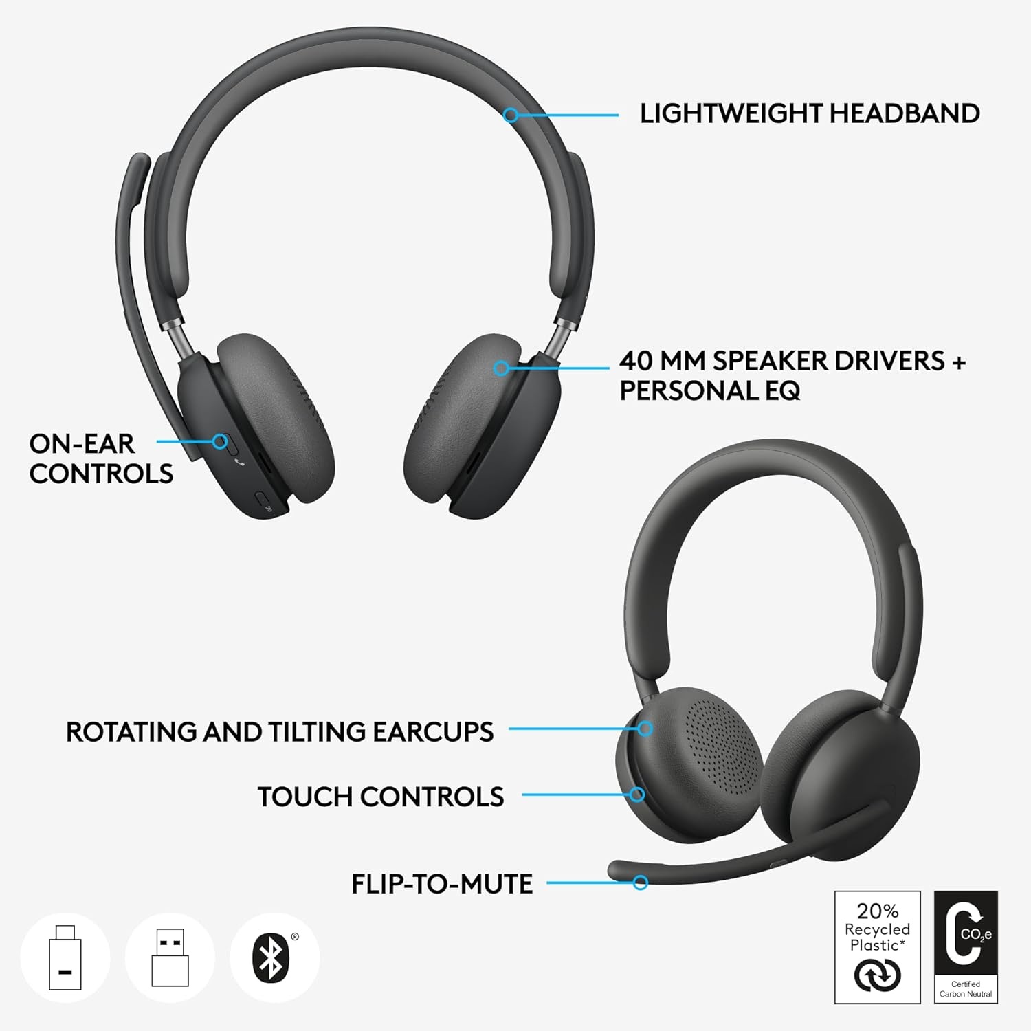 image:imageLogitech Zone Wireless 2 Premium Noise Canceling Headset with Hybrid ANC Bluetooth USBC USBA Certified for Microsoft Teams and Fast Pair Engineered for Intel Evo laptops GraphiteGraphite