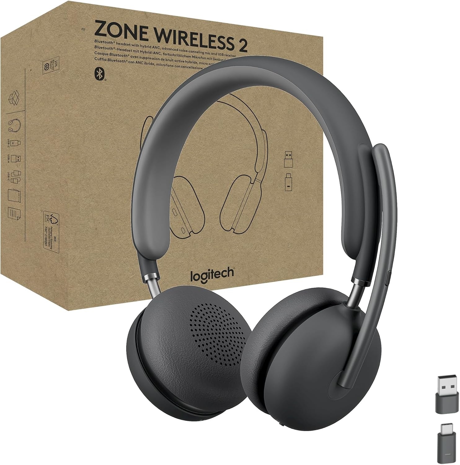 image:imageLogitech Zone Wireless 2 Premium Noise Canceling Headset with Hybrid ANC Bluetooth USBC USBA Certified for Microsoft Teams and Fast Pair Engineered for Intel Evo laptops GraphiteGraphite