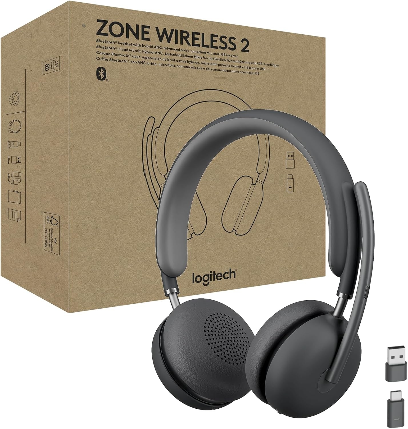 image:imageLogitech Zone Wireless 2 Premium Noise Canceling Headset with Hybrid ANC Bluetooth USBC USBA Certified for Microsoft Teams and Fast Pair Engineered for Intel Evo laptops GraphiteGraphite
