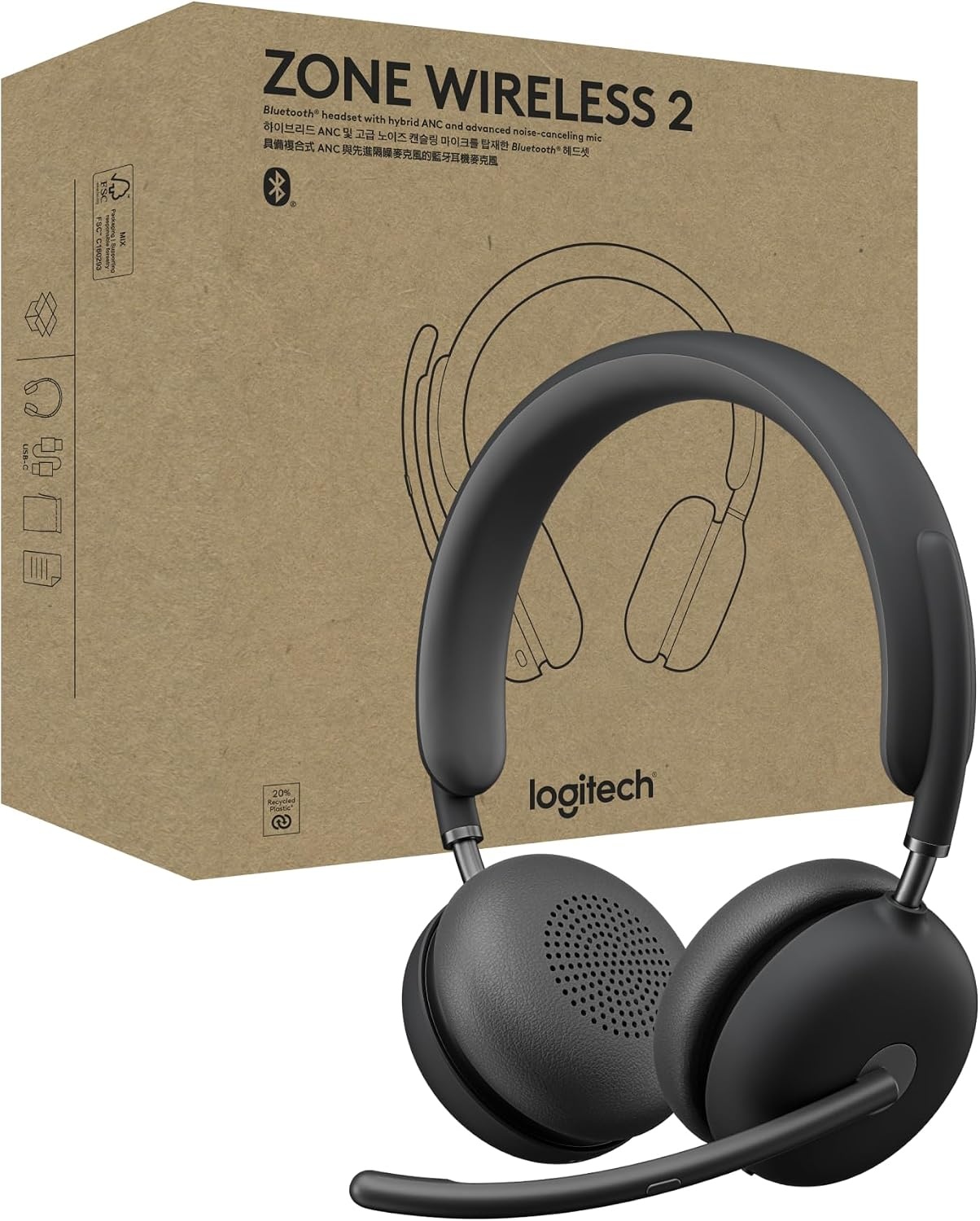 image:imageLogitech Zone Wireless 2 Premium Noise Canceling Headset with Hybrid ANC Bluetooth USBC USBA Certified for Microsoft Teams and Fast Pair Engineered for Intel Evo laptops GraphiteGraphite
