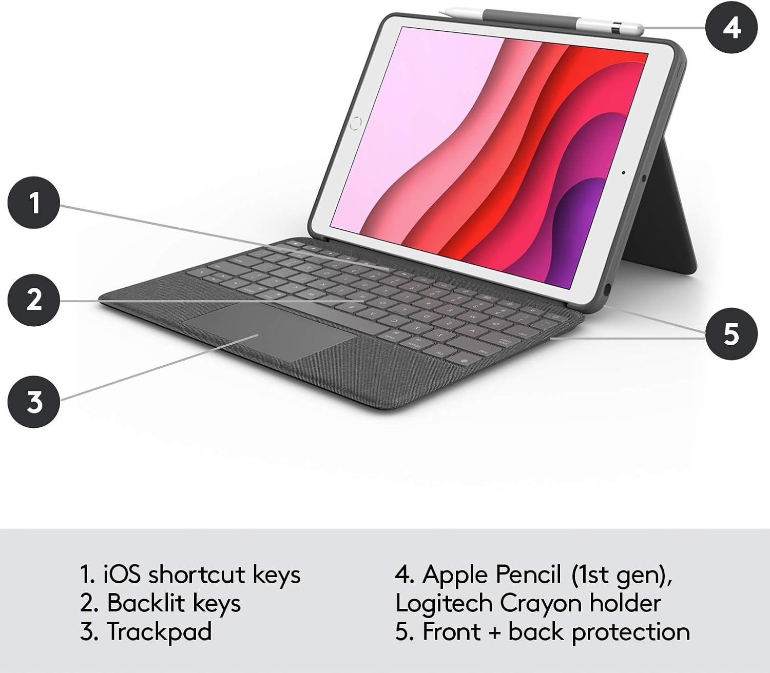 image:imageLogitech iPad 7th 8th and 9th Generation Keyboard Case Slim Folio with Integrated Wireless Keyboard Graphite 73 x 101 x 09Combo Touch