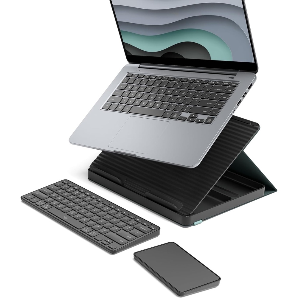 image:imageLogitech Casa PopUp Desk Work From Home Kit with Laptop Stand Wireless Keyboard amp Touchpad Bluetooth USB C Charging for LaptopMacBook10 to 17 WindowsmacOSChromeOS Nordic CalmTanPurpleGREEN BLACK