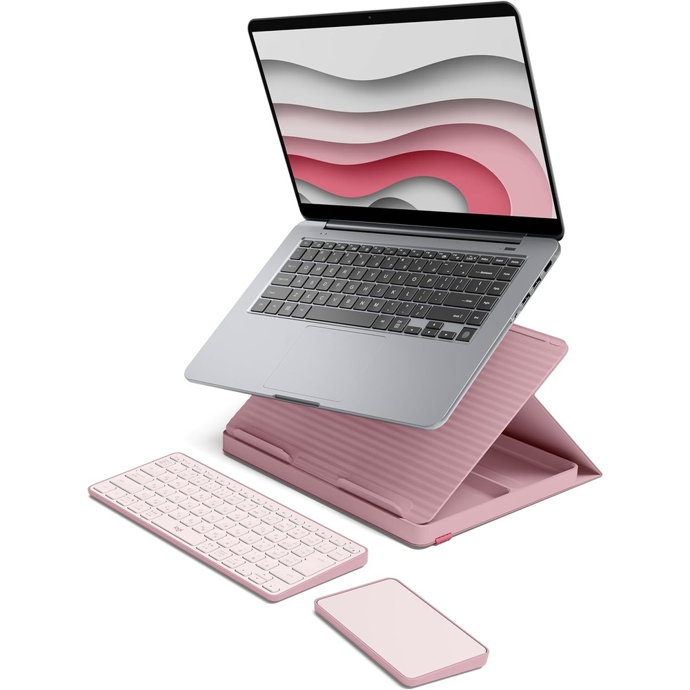 image:imageLogitech Casa PopUp Desk Work From Home Kit with Laptop Stand Wireless Keyboard amp Touchpad Bluetooth USB C Charging for LaptopMacBook10 to 17 WindowsmacOSChromeOS  Nordic CalmTanPurplePINK