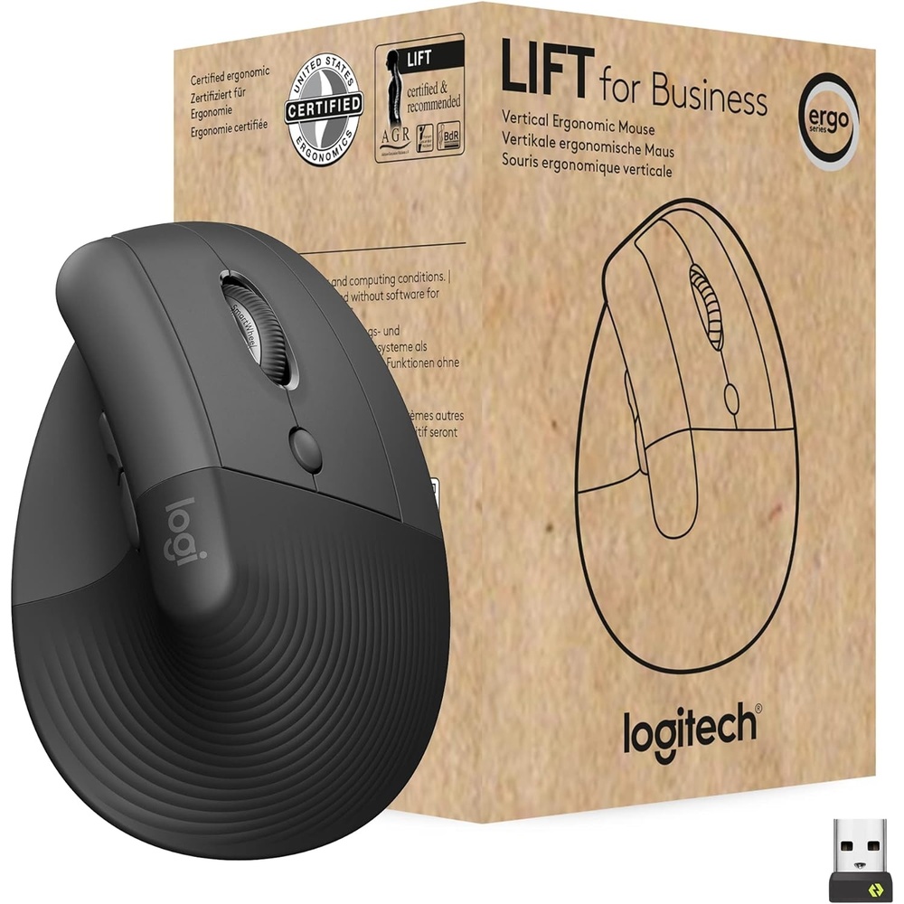 image:imageLogitech Lift for Business Vertical Ergonomic Mouse Wireless Bluetooth or Secured Logi Bolt USB Quiet clicks Globally Certified WindowsMacChromeLinux  GraphiteRightHanded