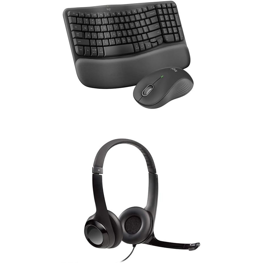 image:imageLogitech Wave Keys MK670 Combo Wireless Ergonomic Keyboard for MultiOS WindowsMac H390 Wired Headset for PCLaptop Stereo Headphones with Noise Cancelling Microphone USB inLine Controls