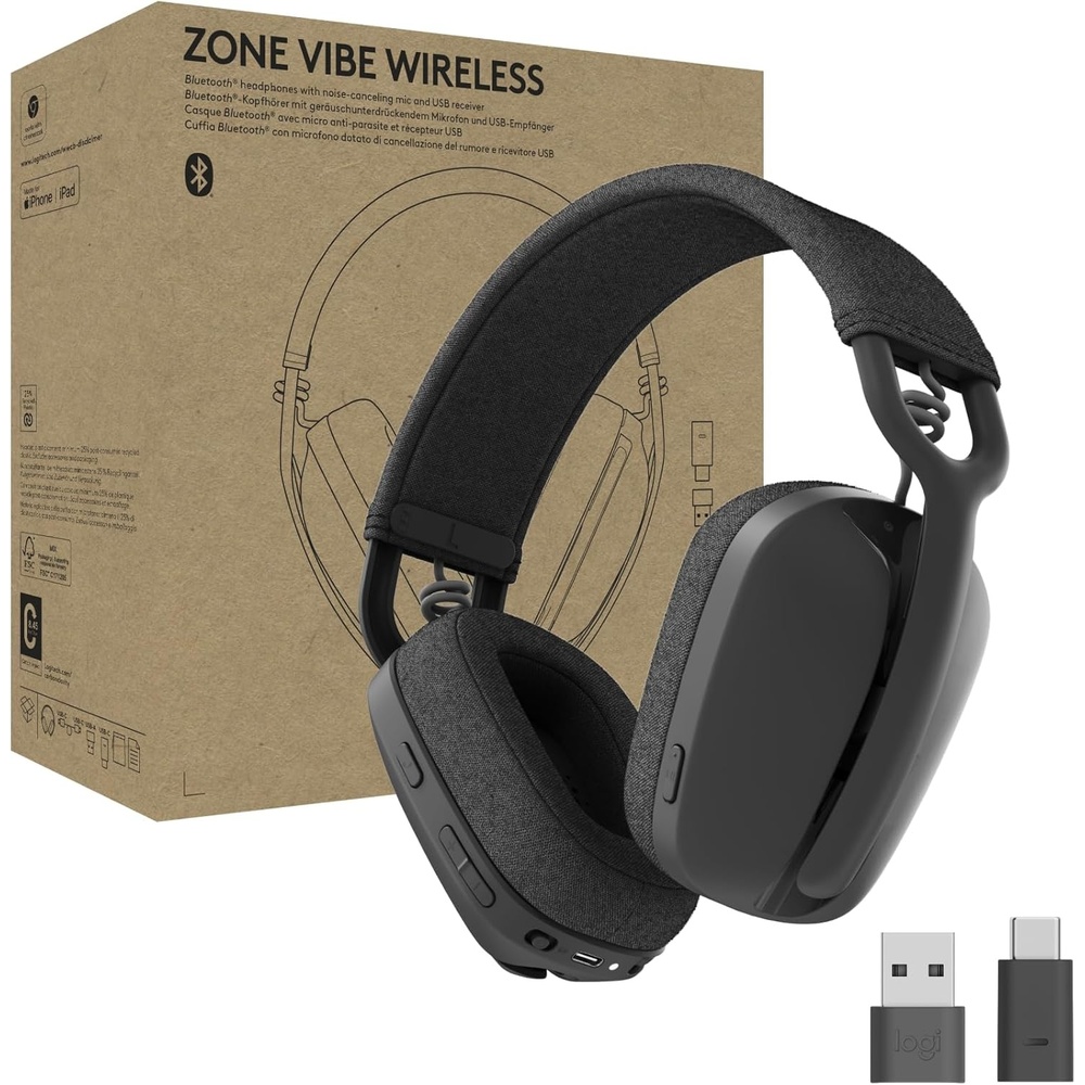 image:imageLogitech Zone Vibe Wireless Bluetooth Headphones with Noise Canceling Microphone USBA USBC for Google Meet Google Voice Zoom MacPCOne Size