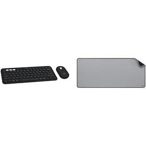 Logitech Pebble 2 Combo, Wireless Keyboard and Mouse, Quiet and Portable, Logi Bolt, Bluetooth, Easy-Switch for Windows, macOS, iPad OS, Chrome – Black + Desk Mat – Studio Series, Mid-Grey