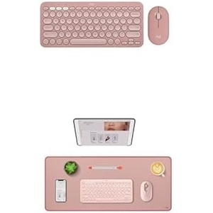 Logitech Pebble 2 Combo, Wireless Keyboard and Mouse, Quiet and Portable, Logi Bolt, Bluetooth, Easy-Switch for Windows, macOS, iPad OS, Chrome – Tonal Rose + Desk Mat – Studio Series, Darker Rose