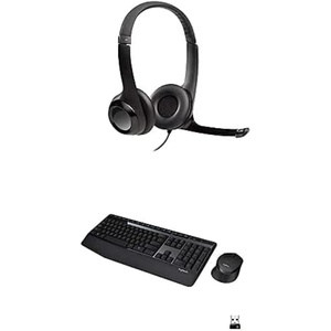 Logitech USB Headset H390 with Noise Cancelling Mic and MK345 Wireless Combo – Full-Sized Keyboard with Palm Rest and Comfortable Right-Handed Mouse