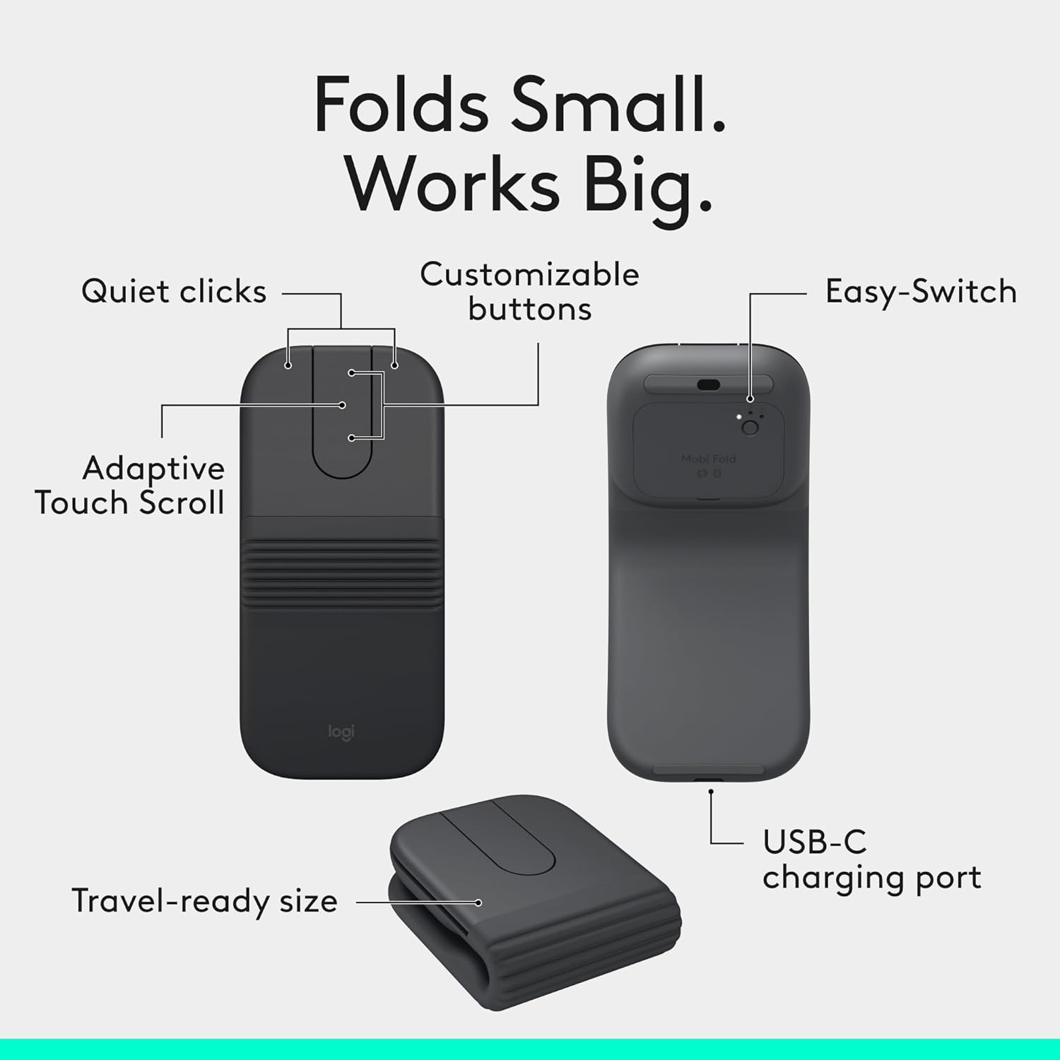 image:imageLogitech Mobi Fold for Business Foldable Wireless Mouse with Touch Scroll Quiet Clicks 4K DPI Logi Bolt Receiver Bluetooth Fast Pair Works with Chromebook PC Mac Graphite