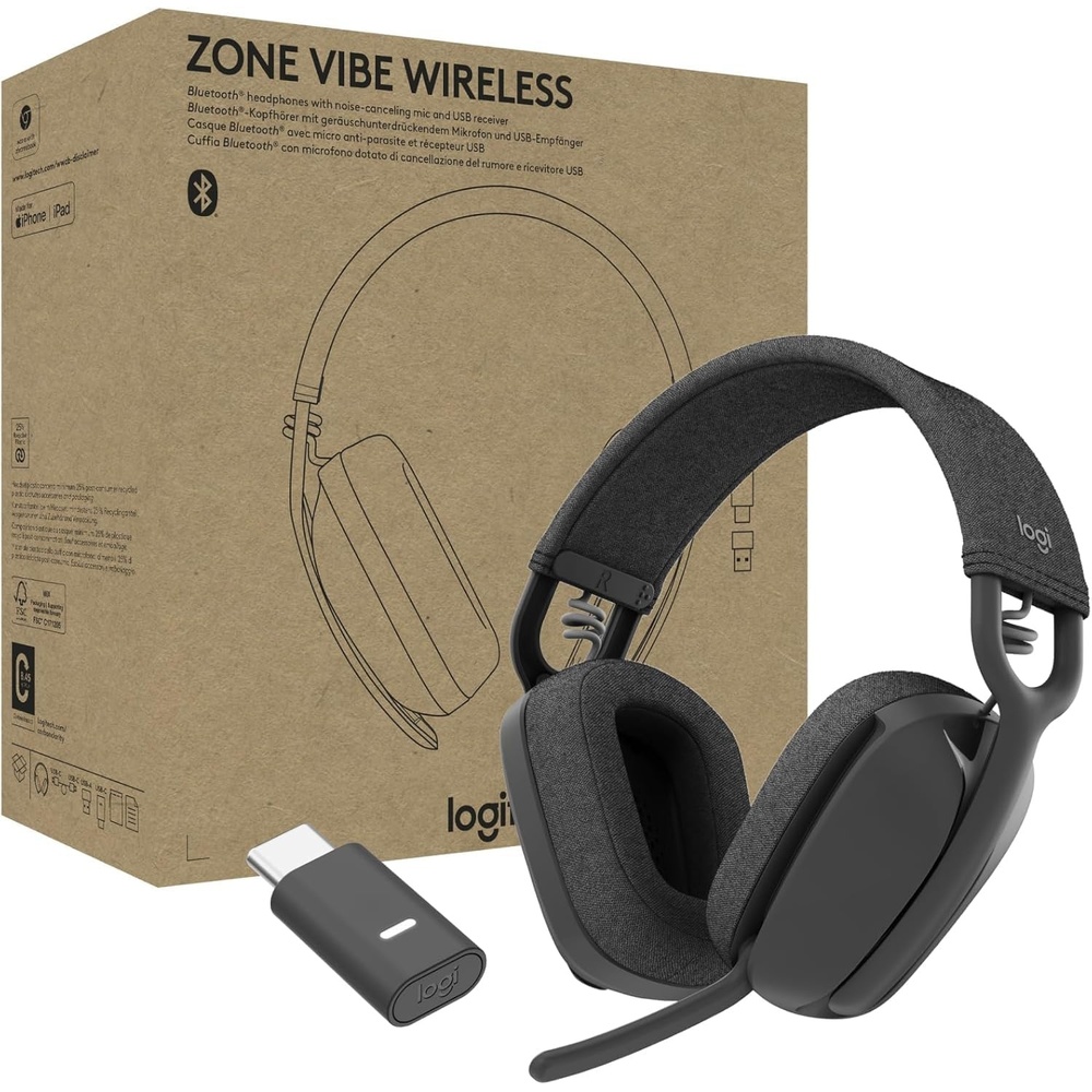 image:imageLogitech Zone Vibe Wireless Bluetooth Headphones with Noise Canceling Microphone USBA USBC for Google Meet Google Voice Zoom MacPC Renewed